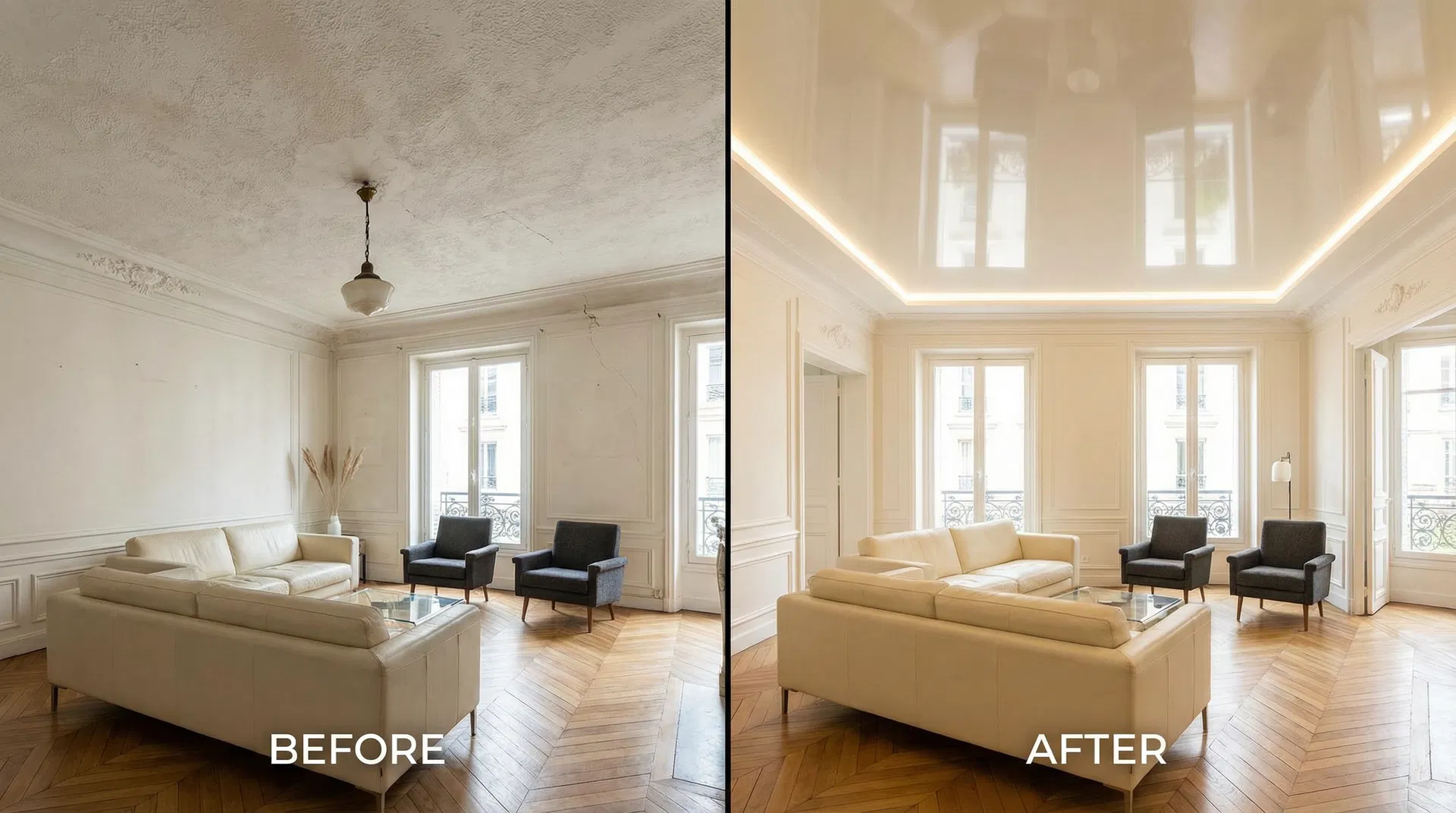 Avant / Après plafond tendu