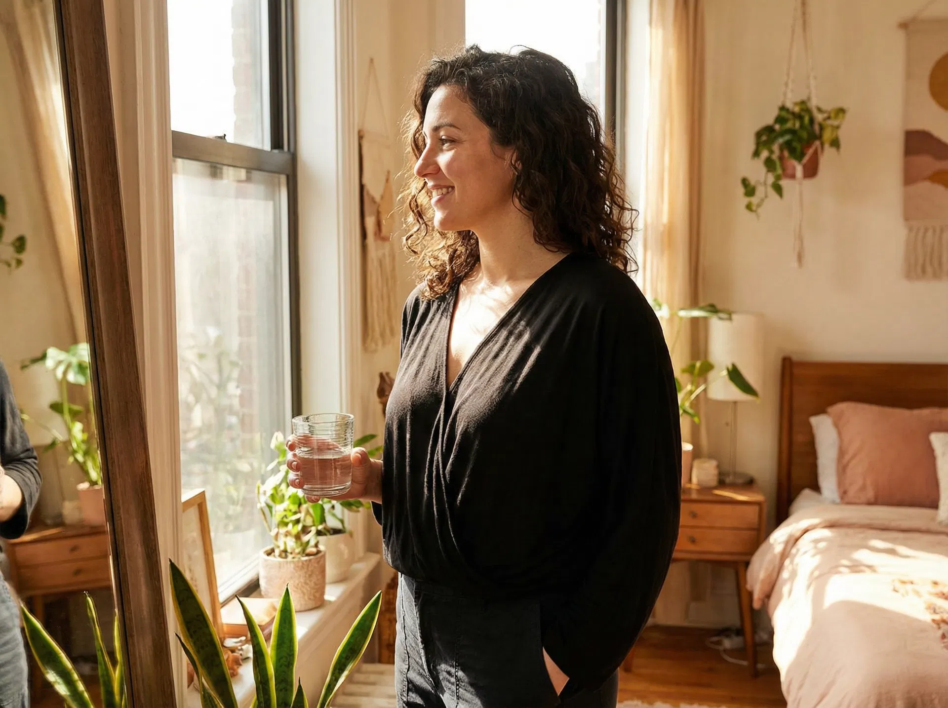 Woman wearing a casual black v-neck top with natural lift