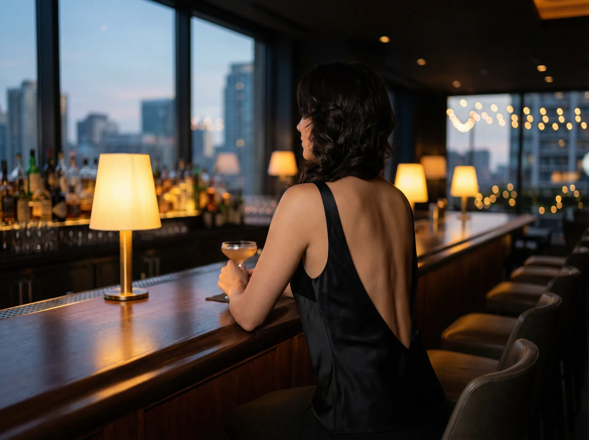 Woman in elegant backless evening top at upscale bar