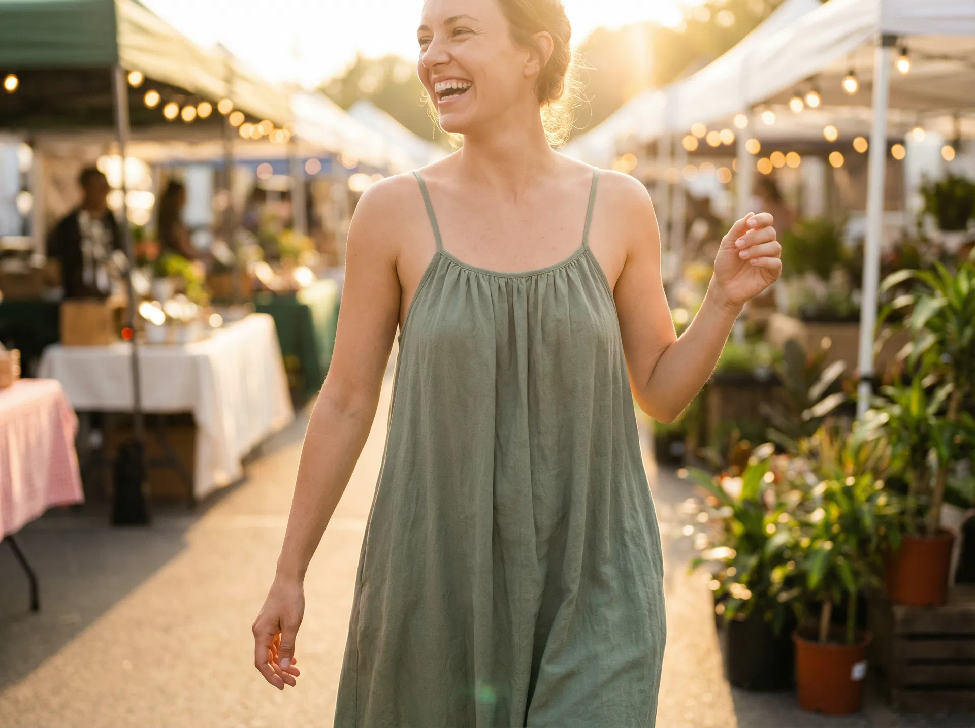Woman in summer dress at outdoor market, no visible bra