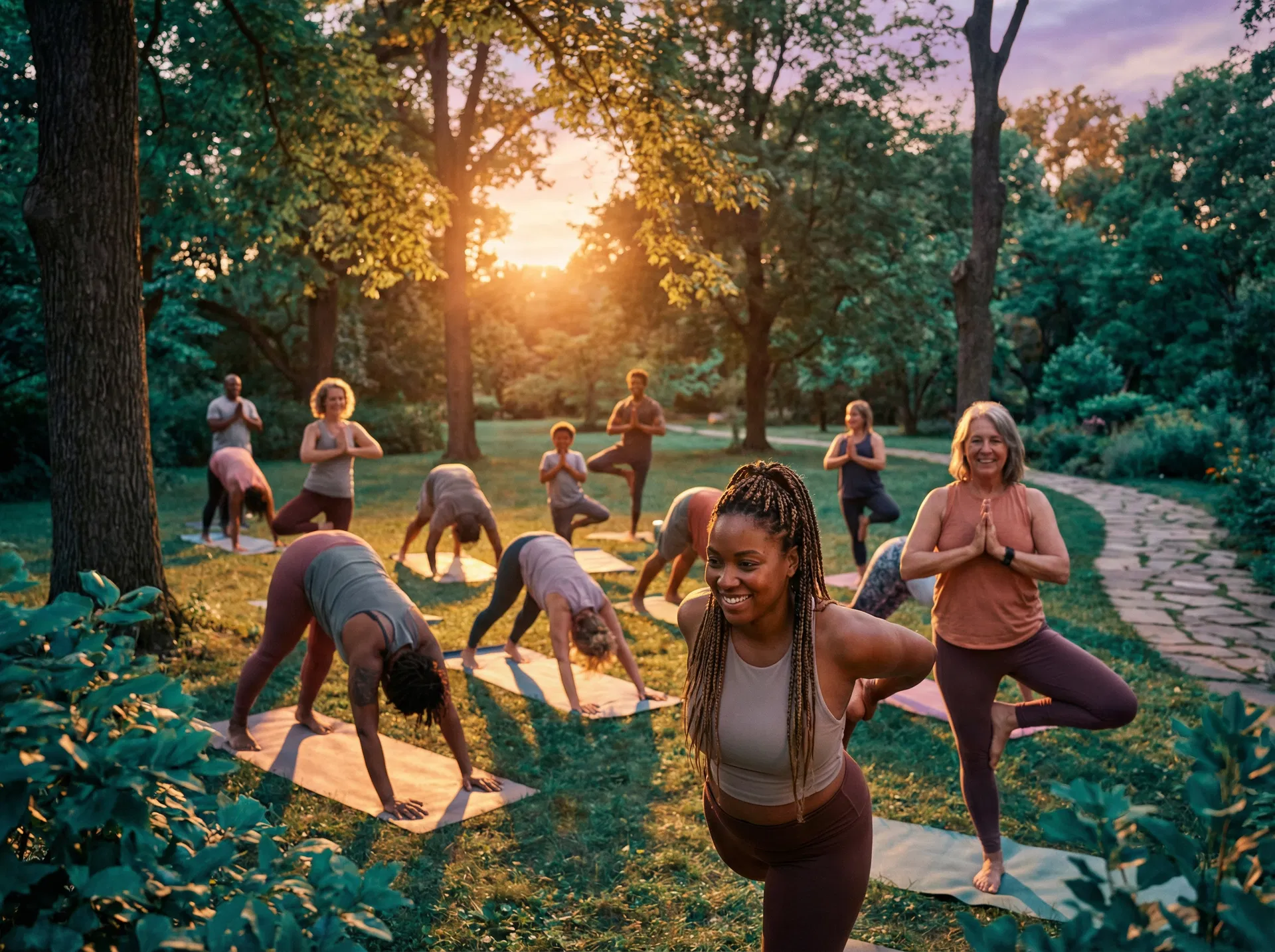 Group fitness class outdoors at golden hour