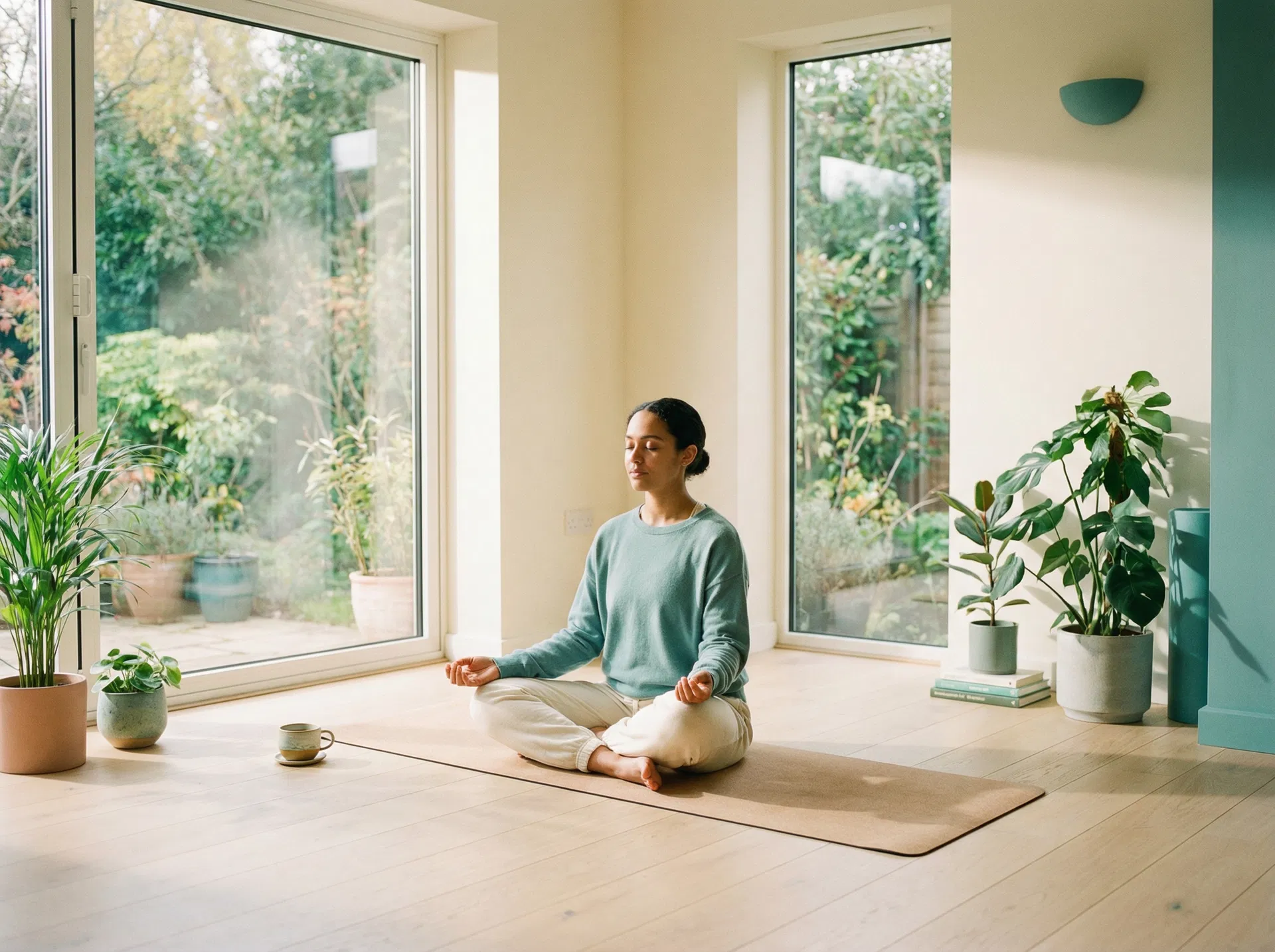 Person meditating outdoors in morning light