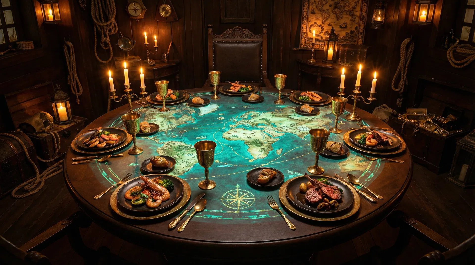 Immersive dining experience with projected treasure map on table