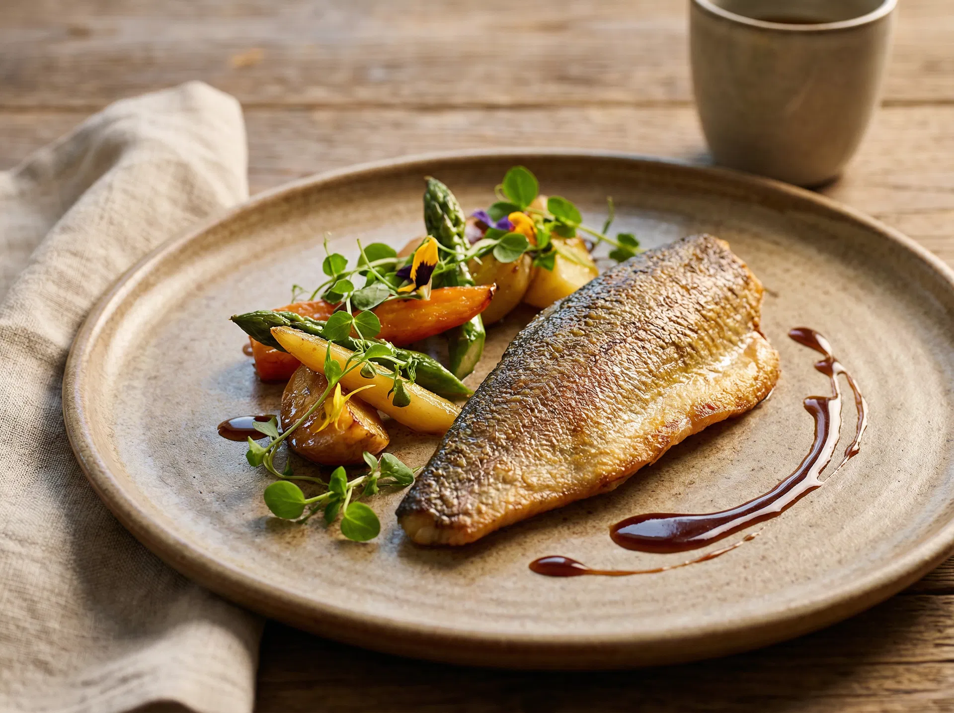 Modern angerichtetes Gericht – Zur Forelle