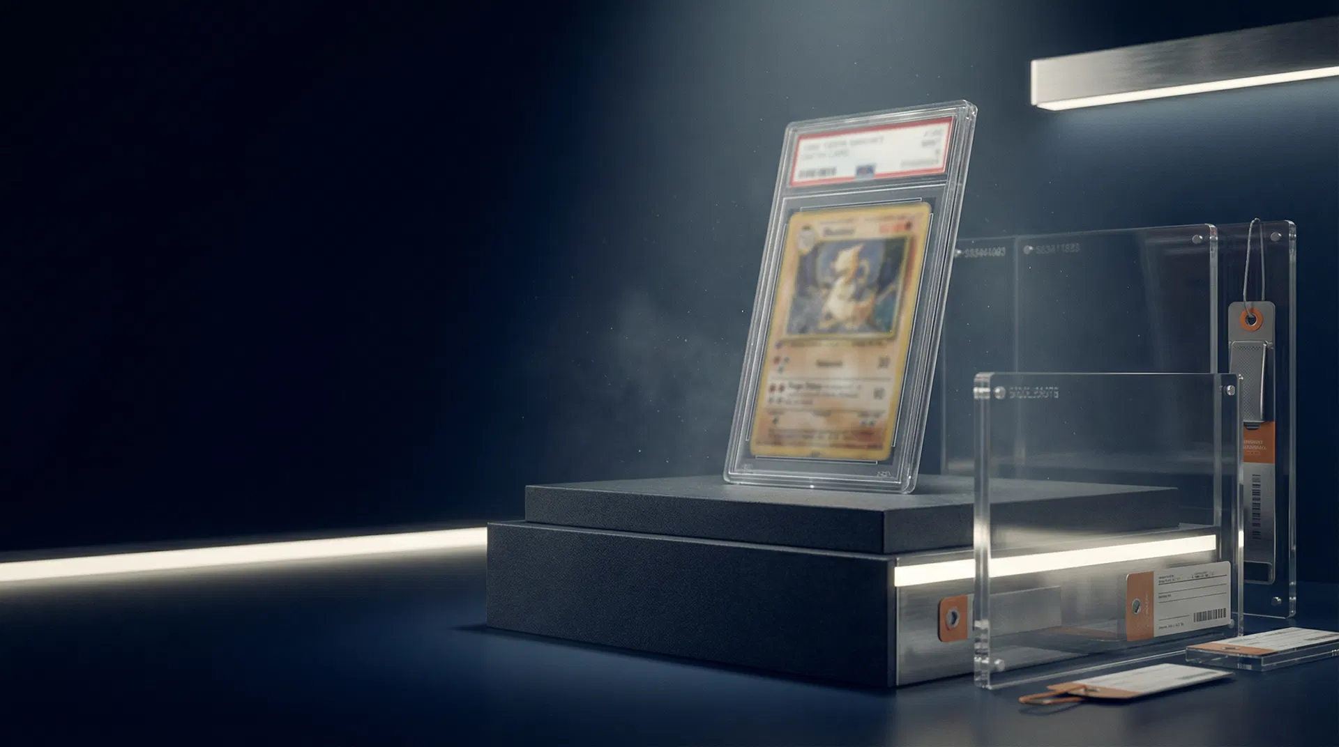 Premium-Präsentation einer Trading Card im sicheren Submission-Umfeld