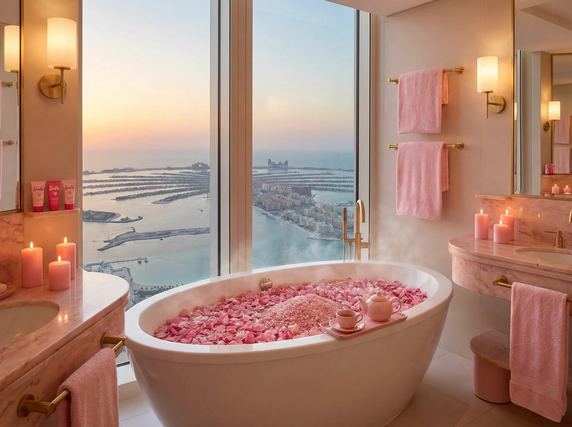 Rose petal bathtub with Palm Jumeirah views