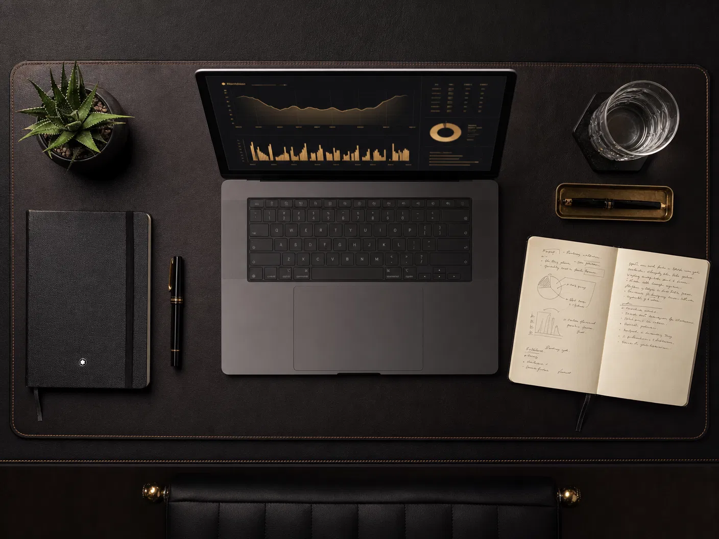Executive workspace with performance data