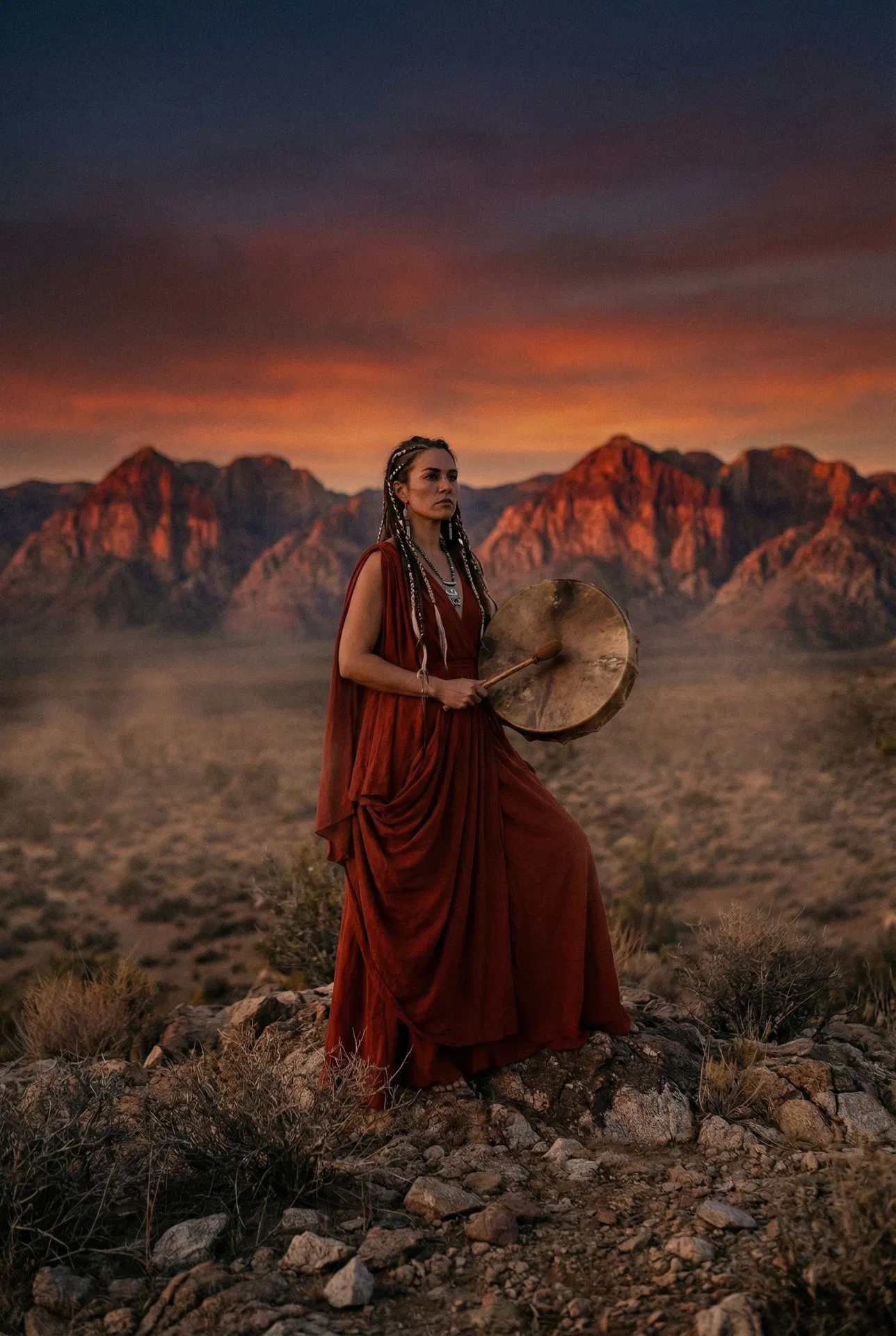 Goddess with ceremonial drum at dusk
