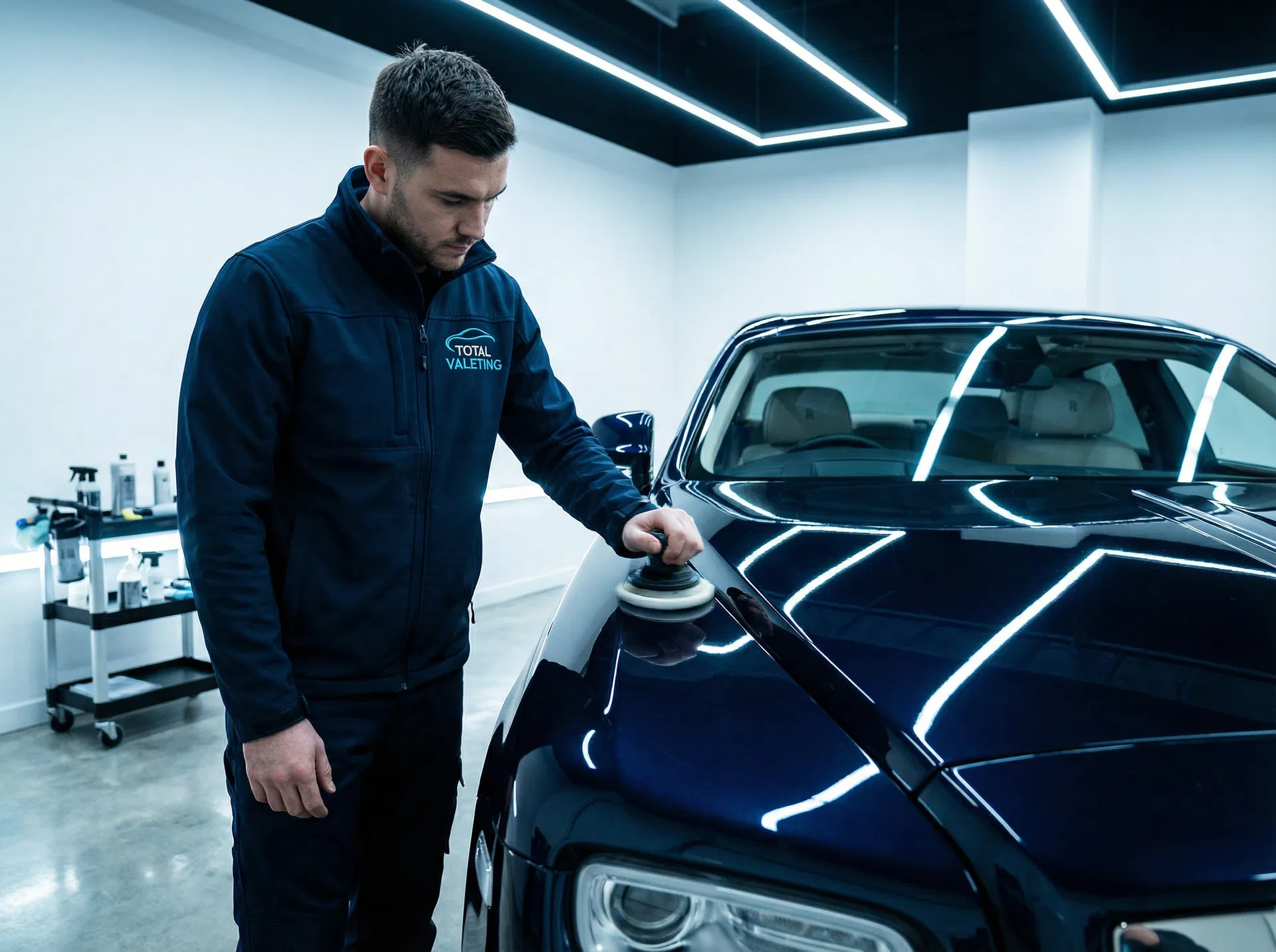 Total Valeting professional technician in branded uniform polishing a luxury vehicle