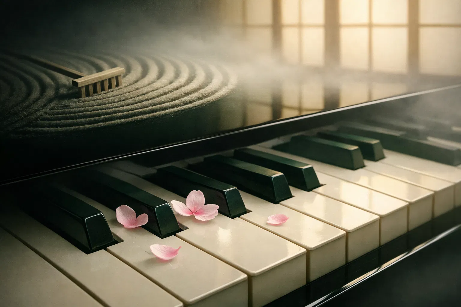 Piano keys with cherry blossoms