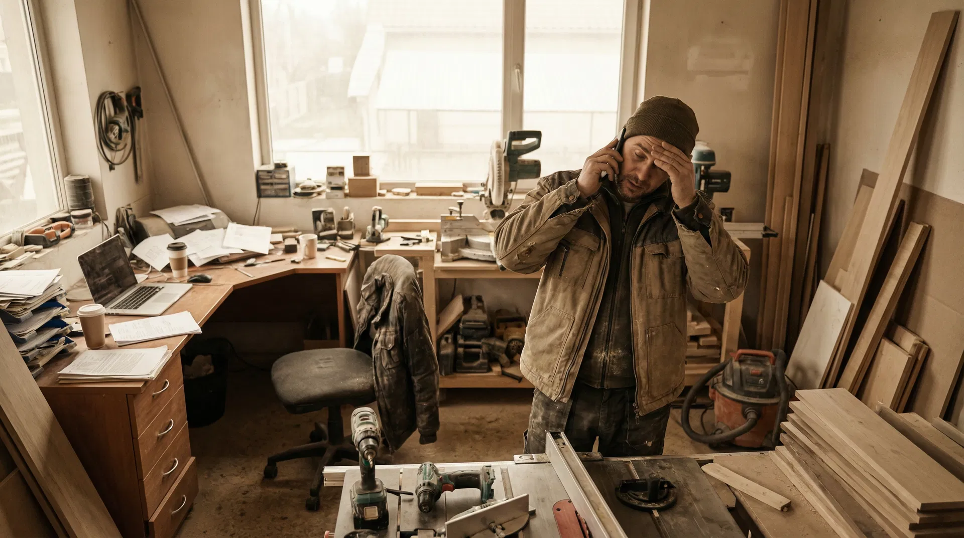 Overwhelmed contractor on phone