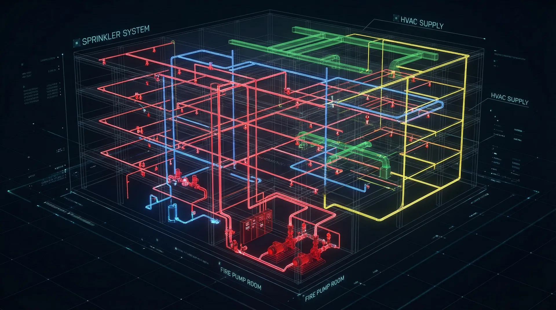 3D BIM model of fire sprinkler system with color-coded MEP systems
