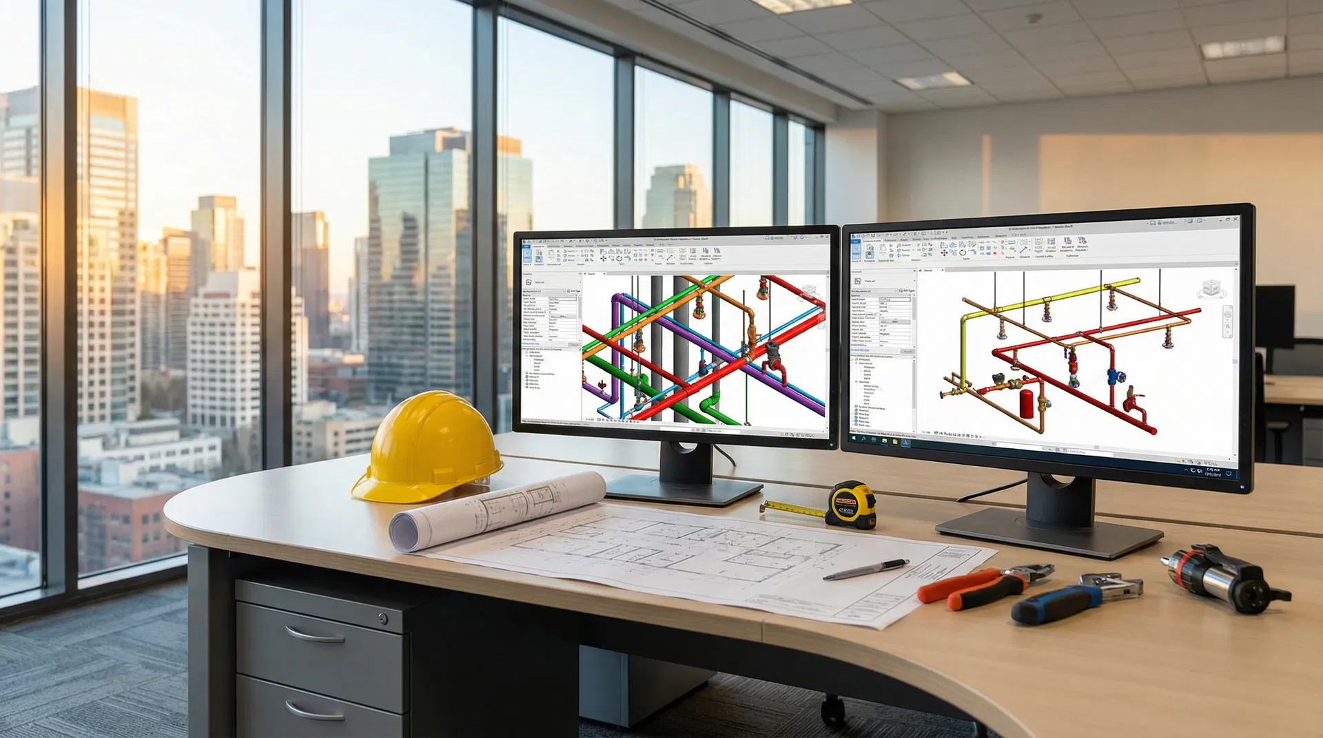 Modern engineering workspace with BIM models on dual monitors