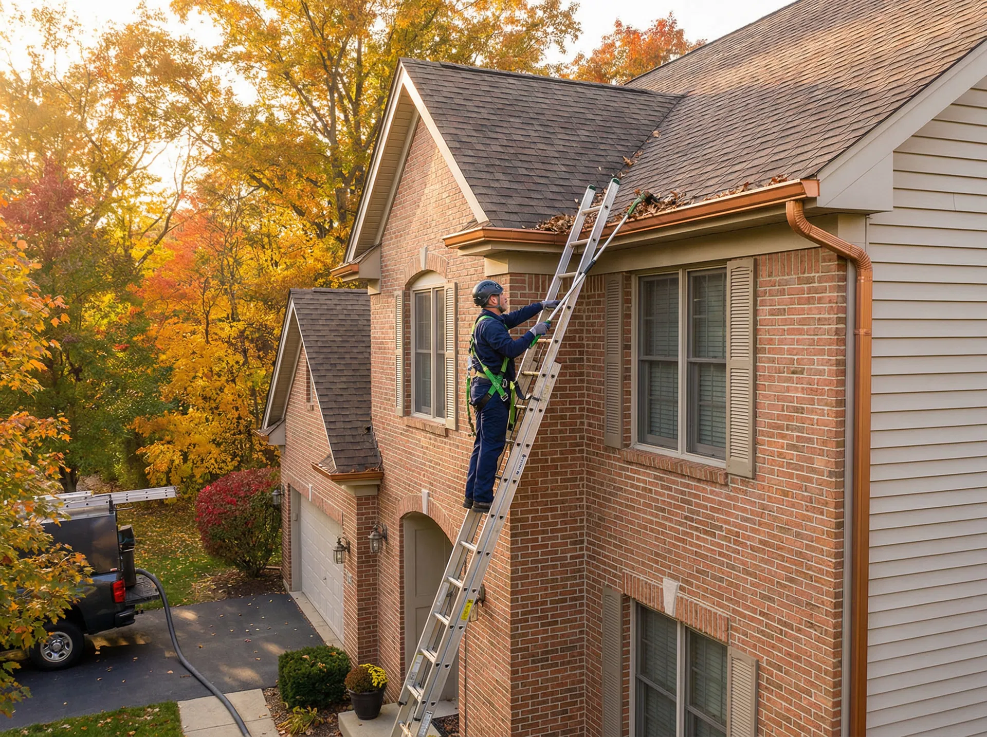 Professional gutter cleaning on a tall ladder - T&N Enterprise crew cleaning gutters in McHenry County