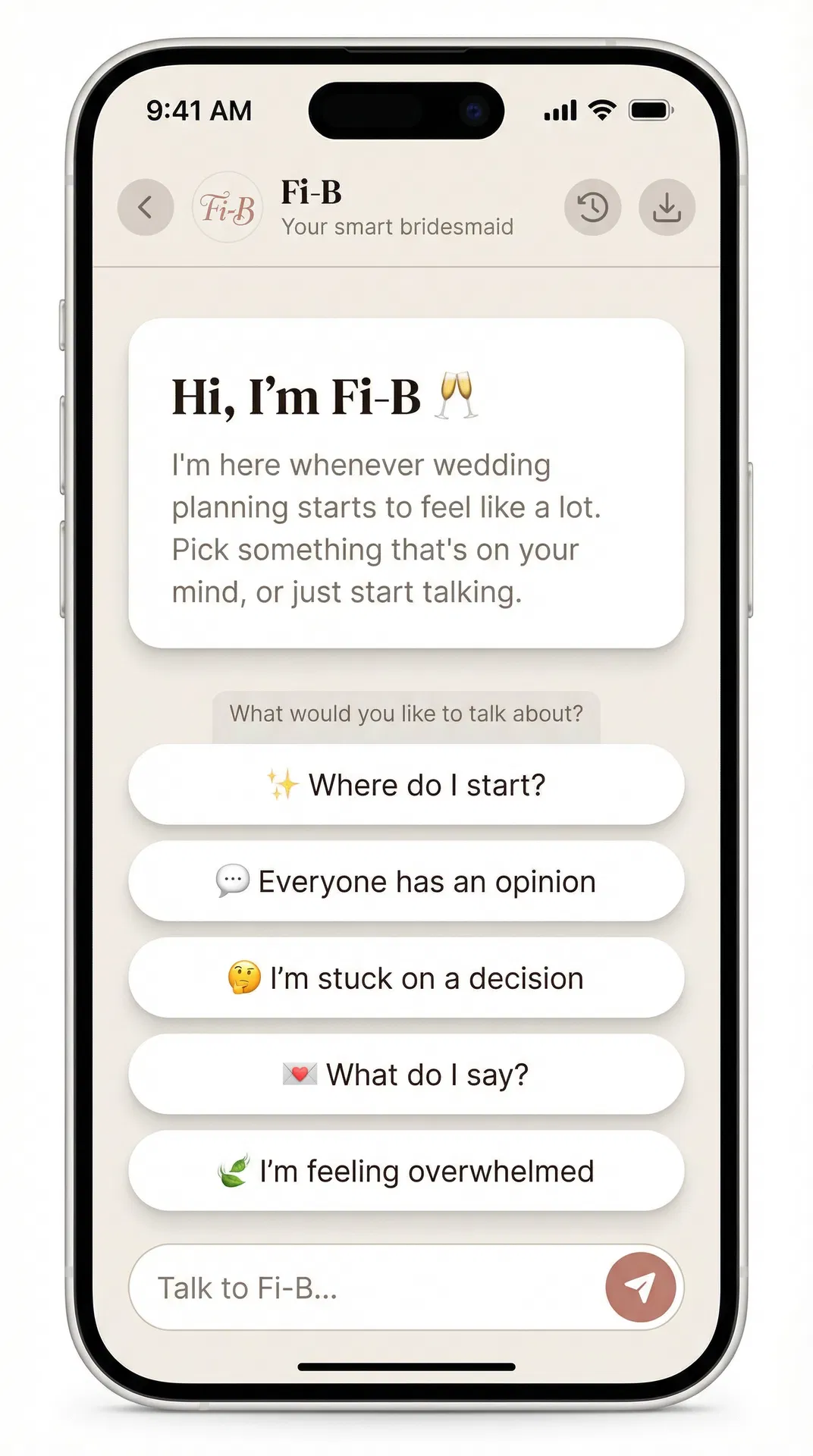 Fi-B app home screen showing the welcome card, five quick-start topic buttons, and the chat input bar