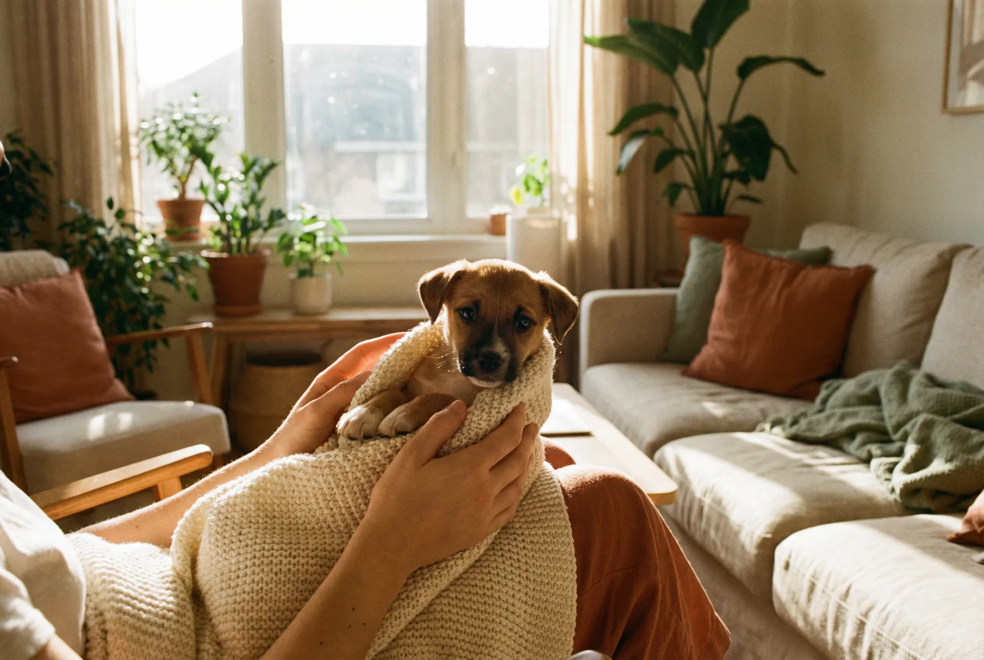 Person holding a rescue puppy in a cozy home