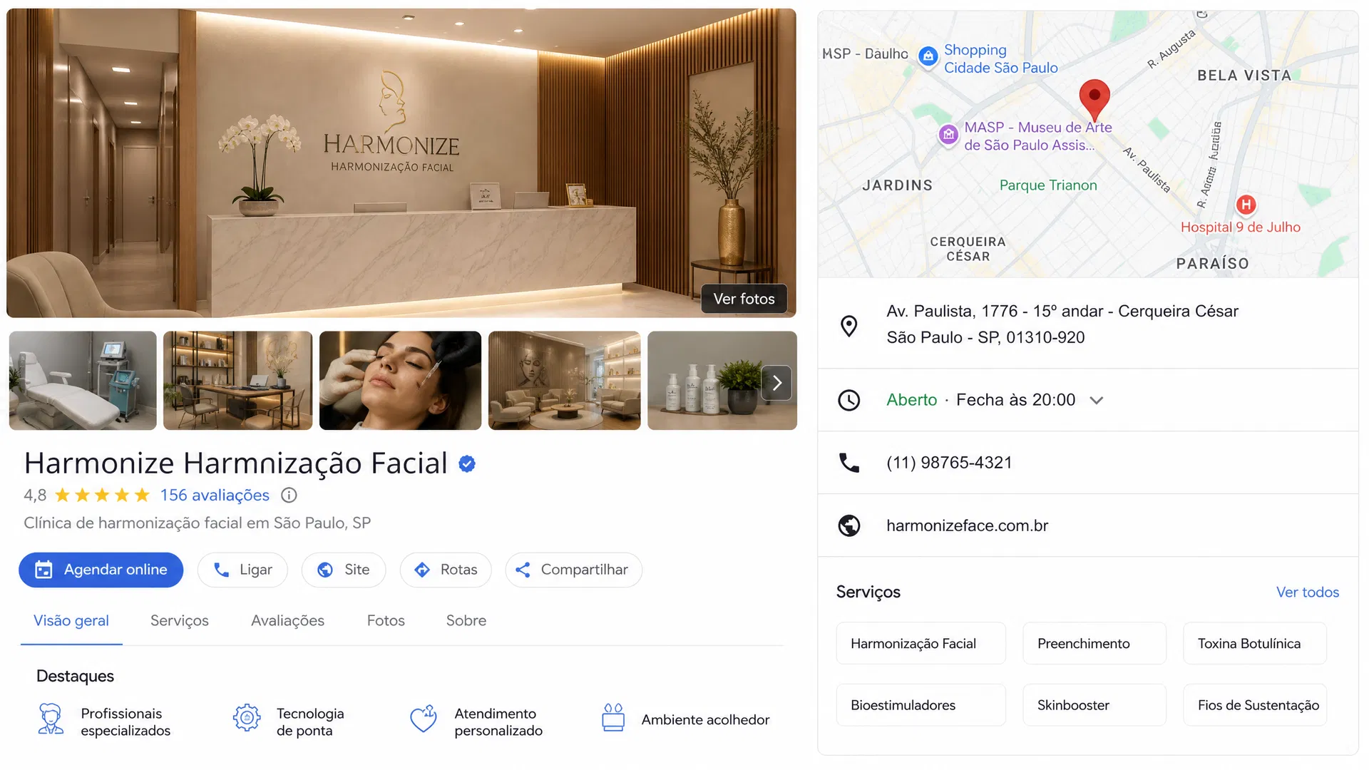 Perfil completo de clínica de harmonização facial no Google