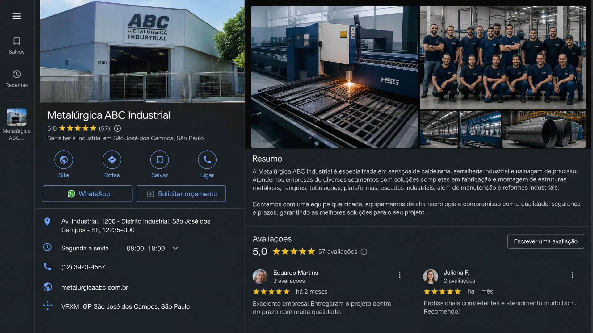 Perfil de metalúrgica no Google com fotos e avaliações