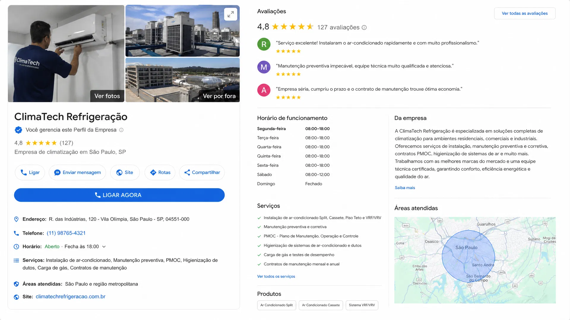 Empresa de ar-condicionado com muitas avaliações no Google
