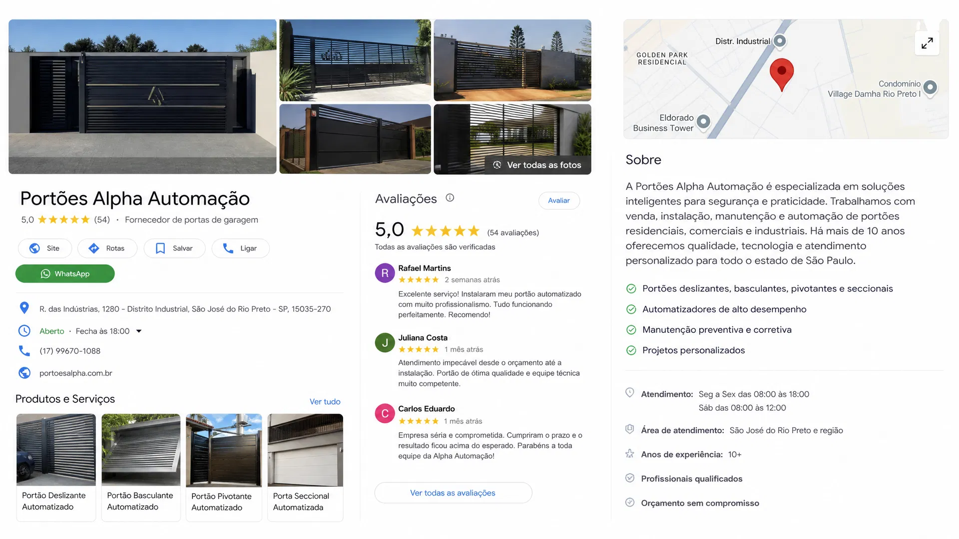Empresa de portões automáticos com muitas avaliações no Google