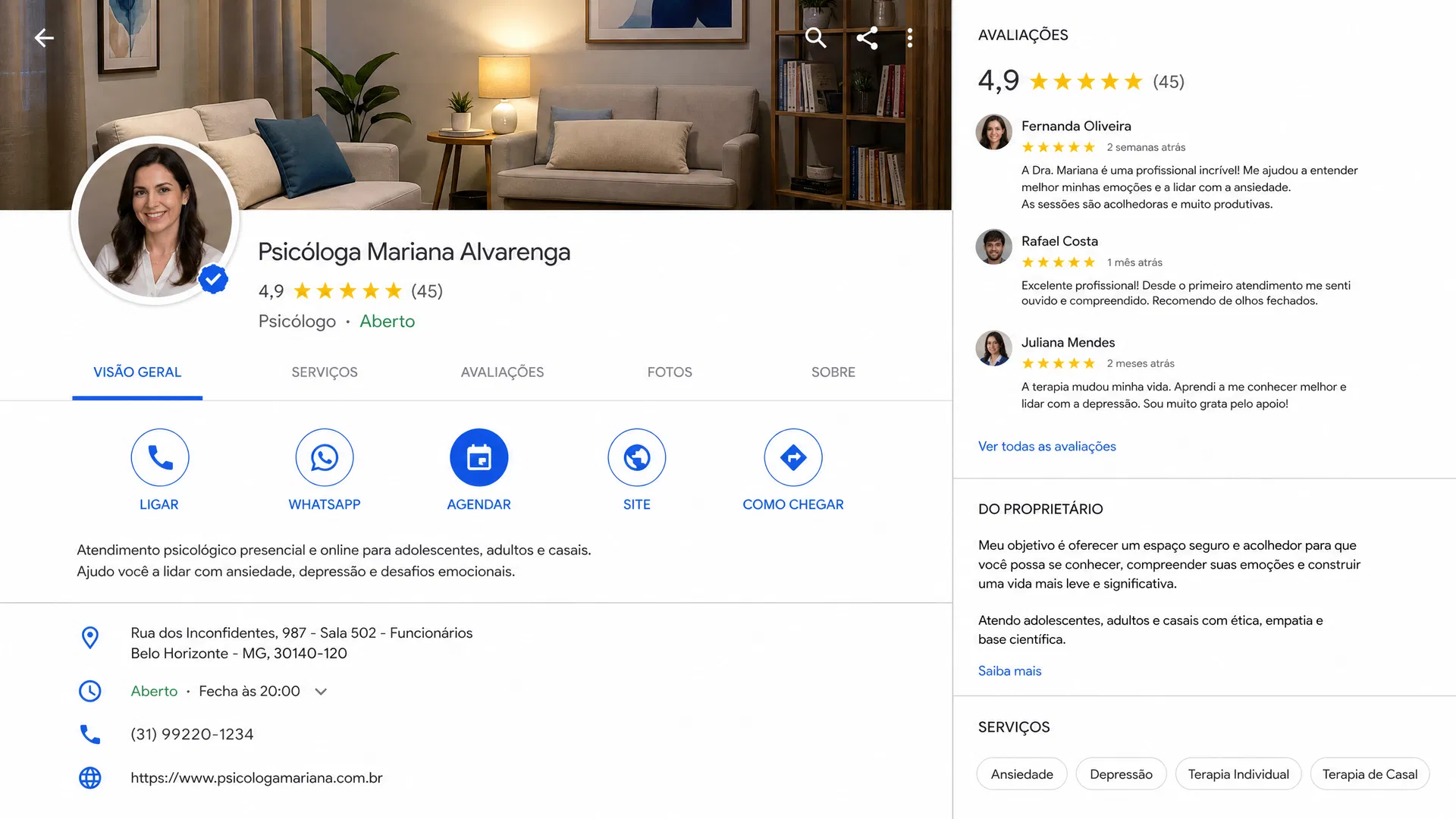 Psicóloga com depoimentos positivos no Google