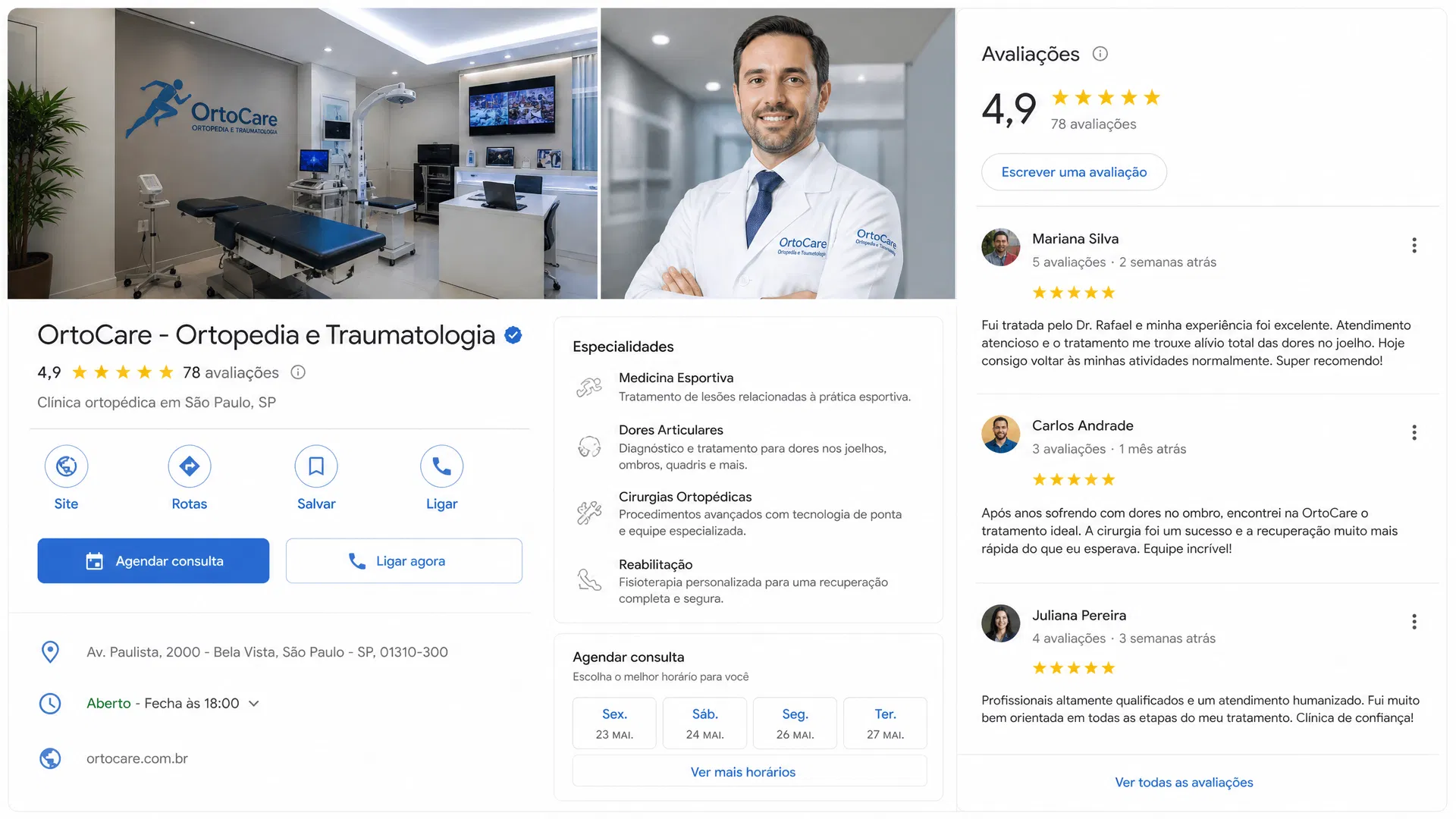 Clínica de ortopedia com muitas avaliações e autoridade