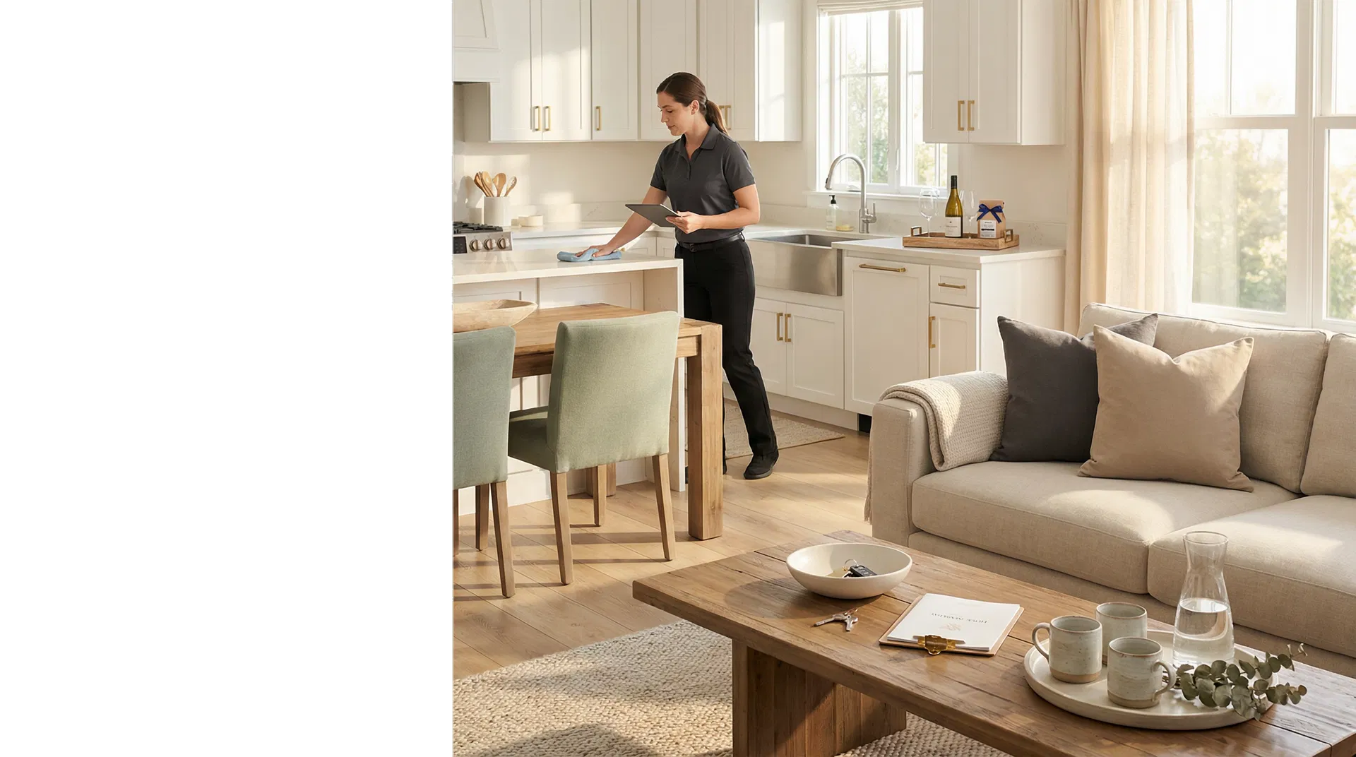 A freshly cleaned Airbnb-style rental interior prepared for the next guest