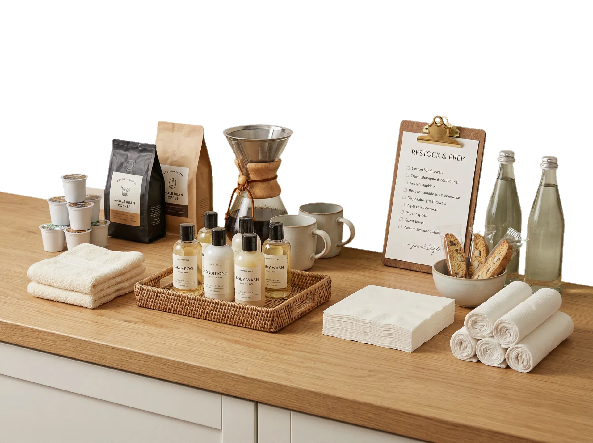 Guest essentials and restocking supplies arranged neatly for an Airbnb turnover