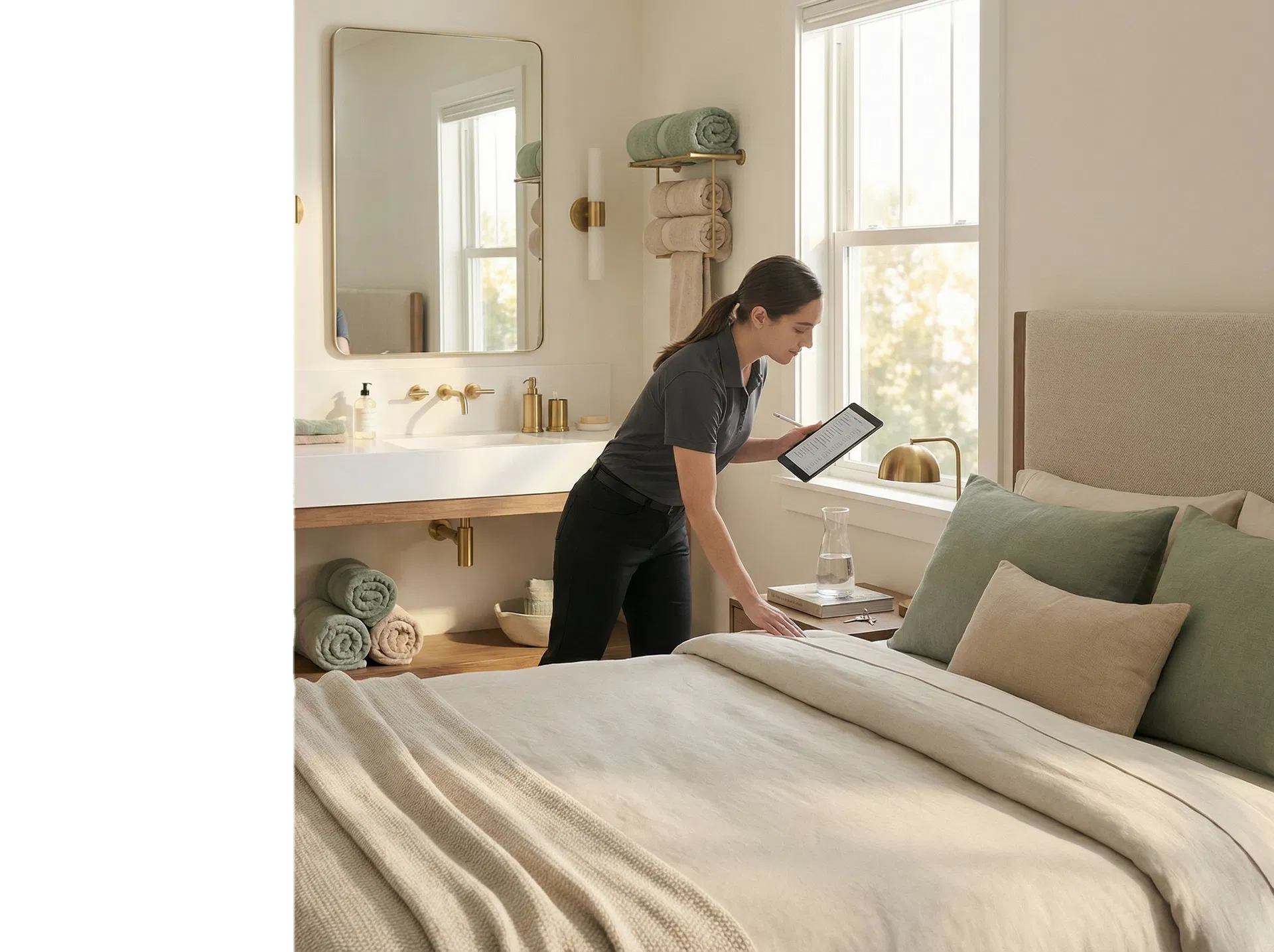 Cleaner performing a checklist-based final inspection in a guest-ready rental bedroom