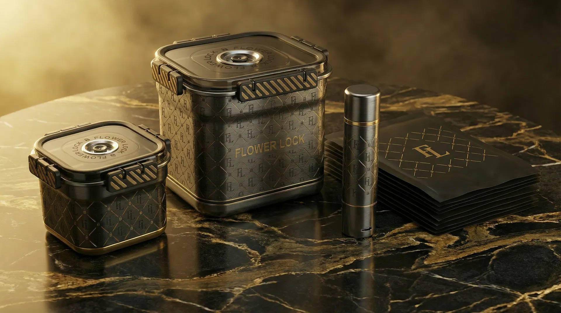 Flower Lock complete collection — Personal Lock, Master Lock, Pump, Bags