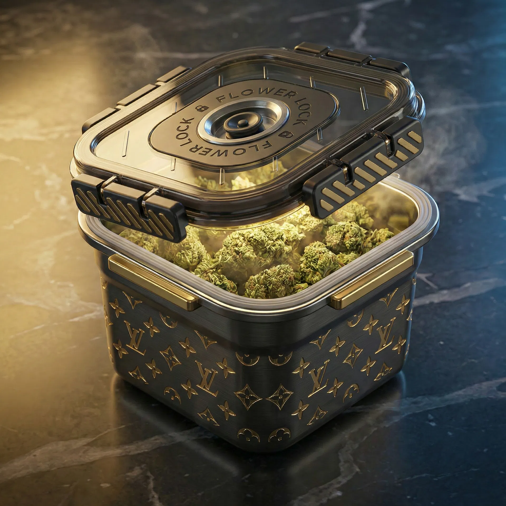 Flower Lock open glamour shot with cannabis inside