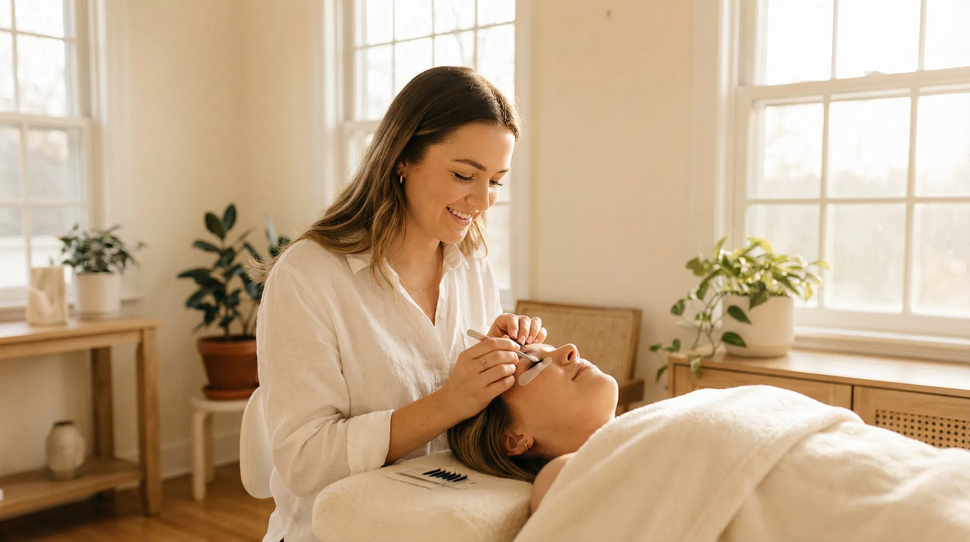 Lash artist working in bright home studio
