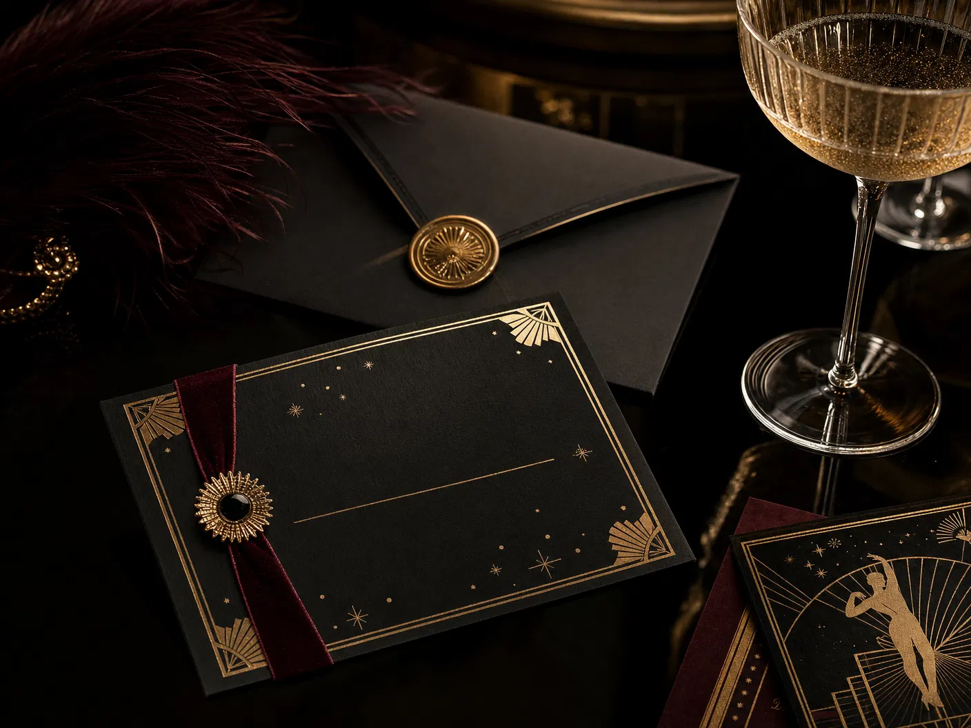 Black and gold Art Deco RSVP card with burgundy ribbon and champagne glass