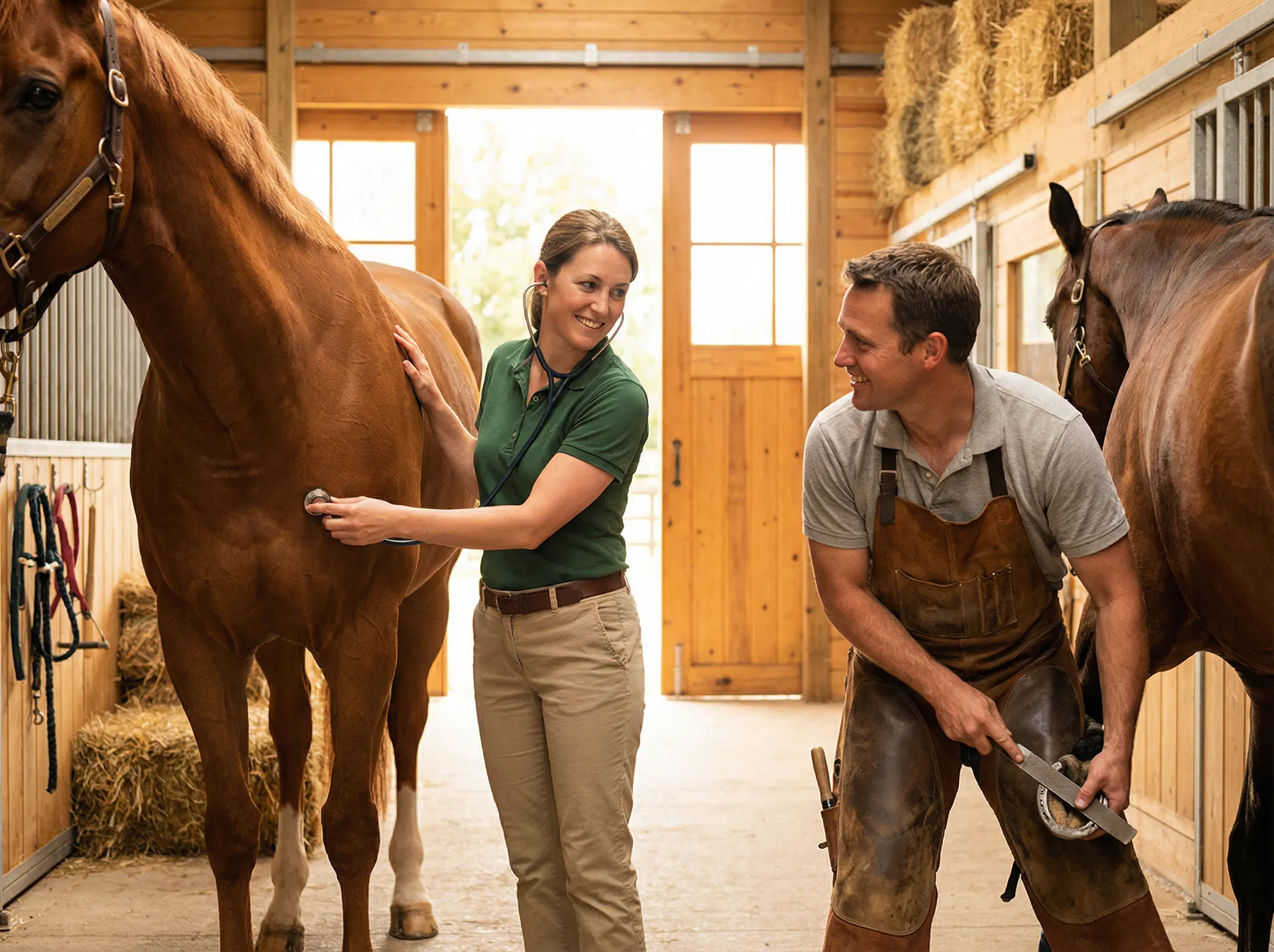 Veterinarian and farrier working together at a barn
