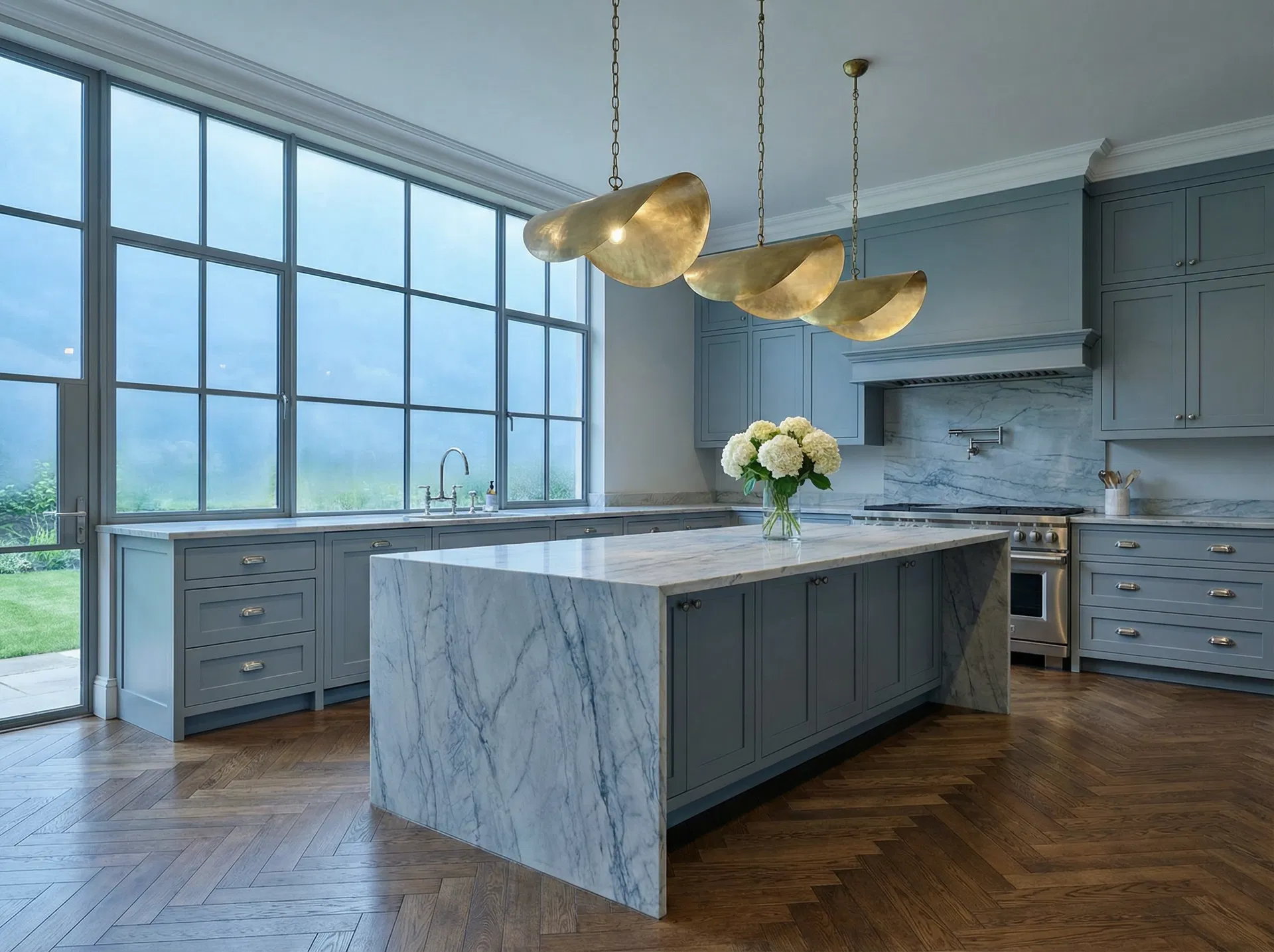 Luxury kitchen with marble countertops and gold hardware