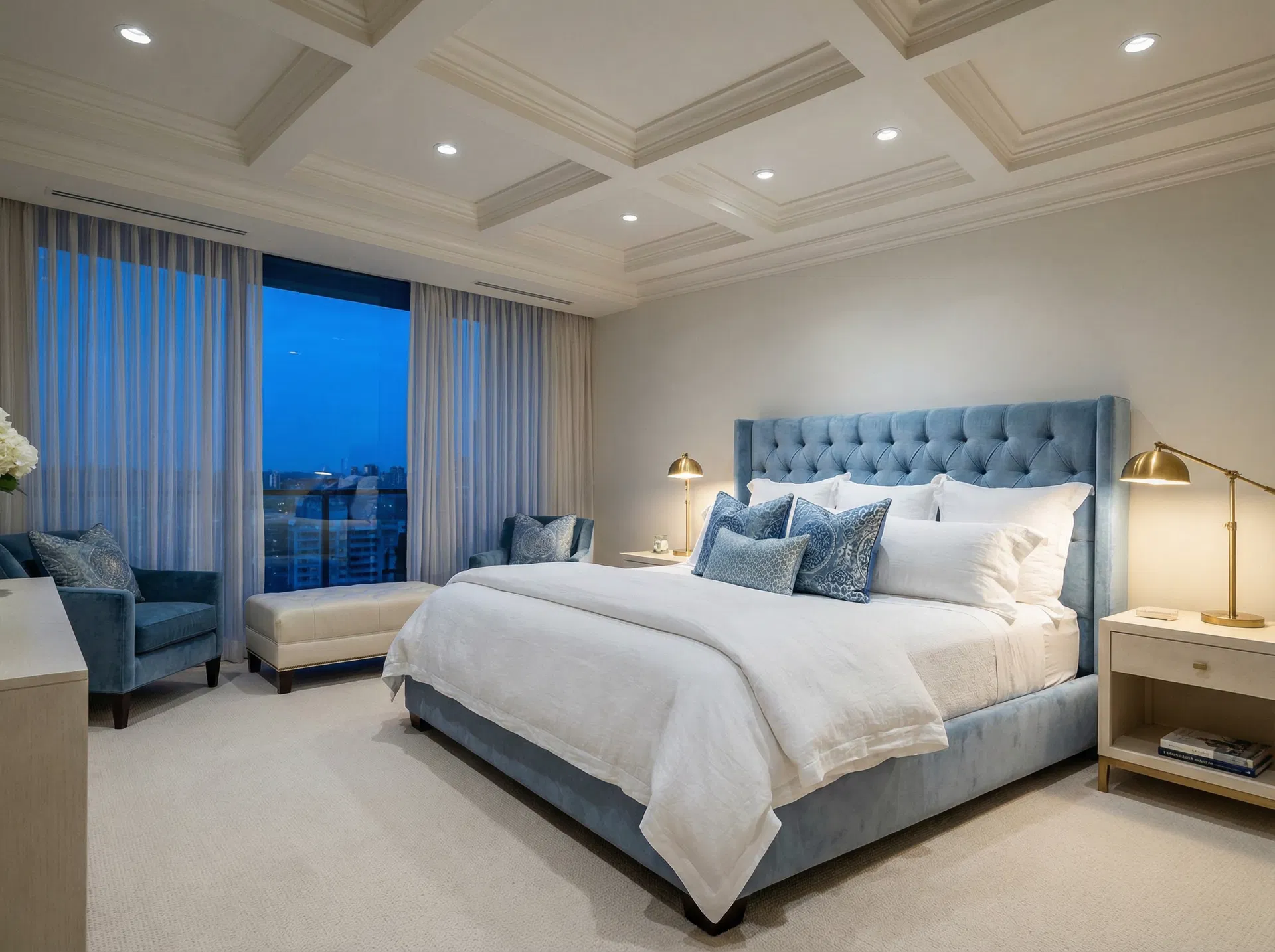 Grand living room with double-height ceilings and chandelier