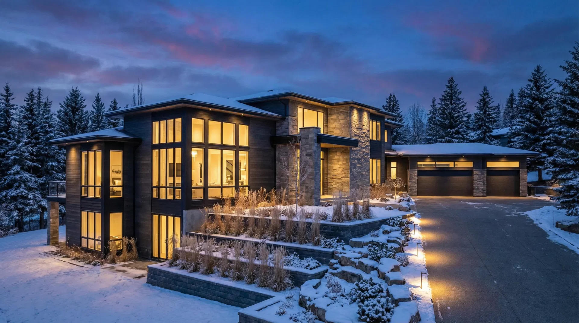 Luxury modern home at twilight in Edmonton
