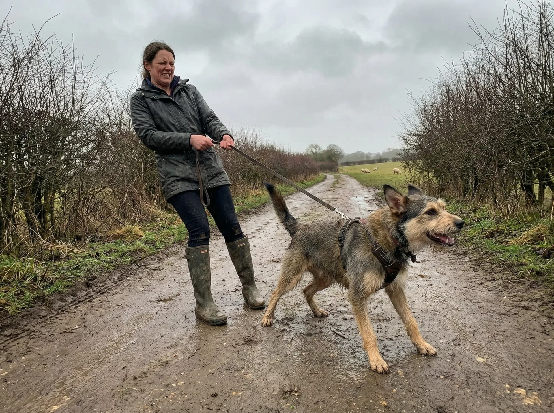 Owner struggling with reactive dog on a walk