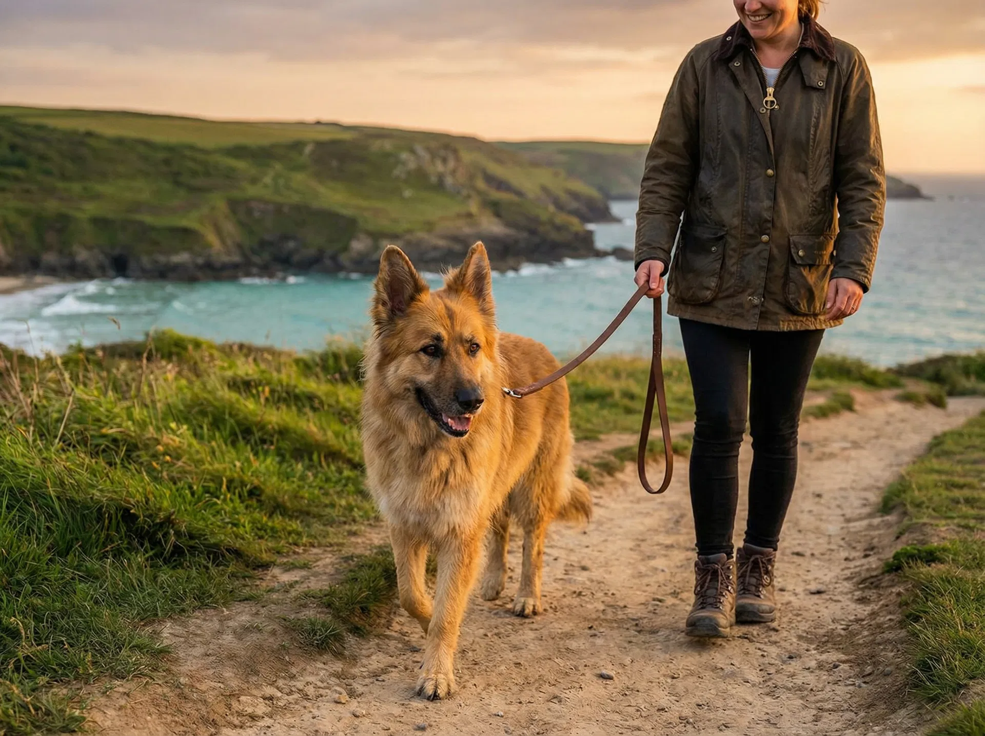 Calm dog walking on a loose lead on the Cornish coast