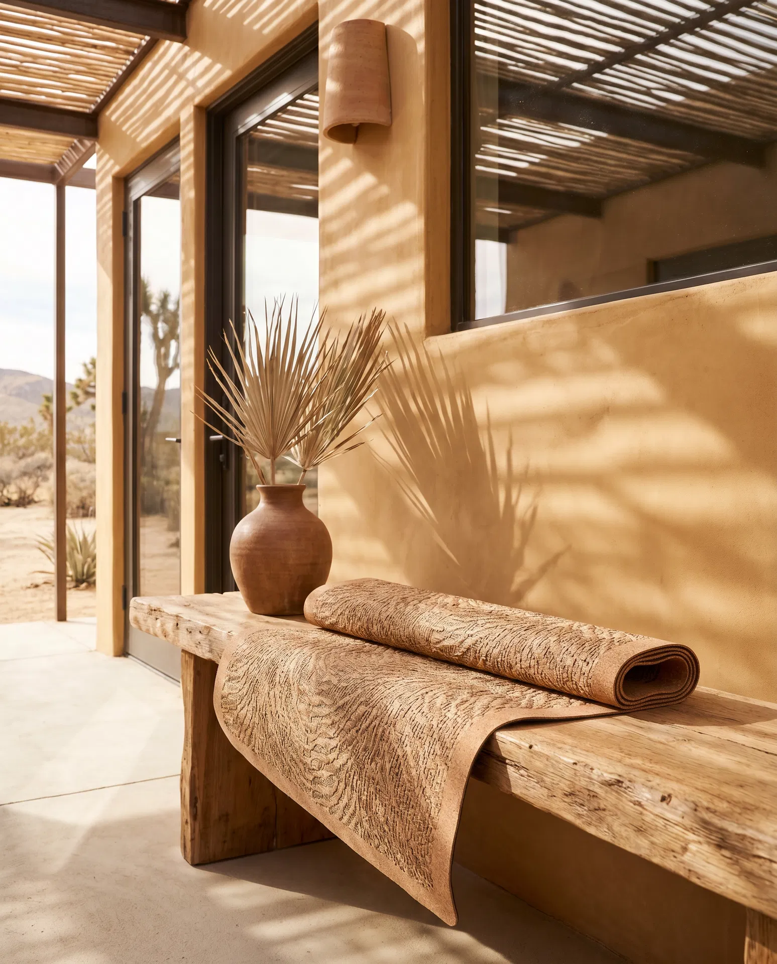 Granogi mat styled in a warm desert-modern meditation setting