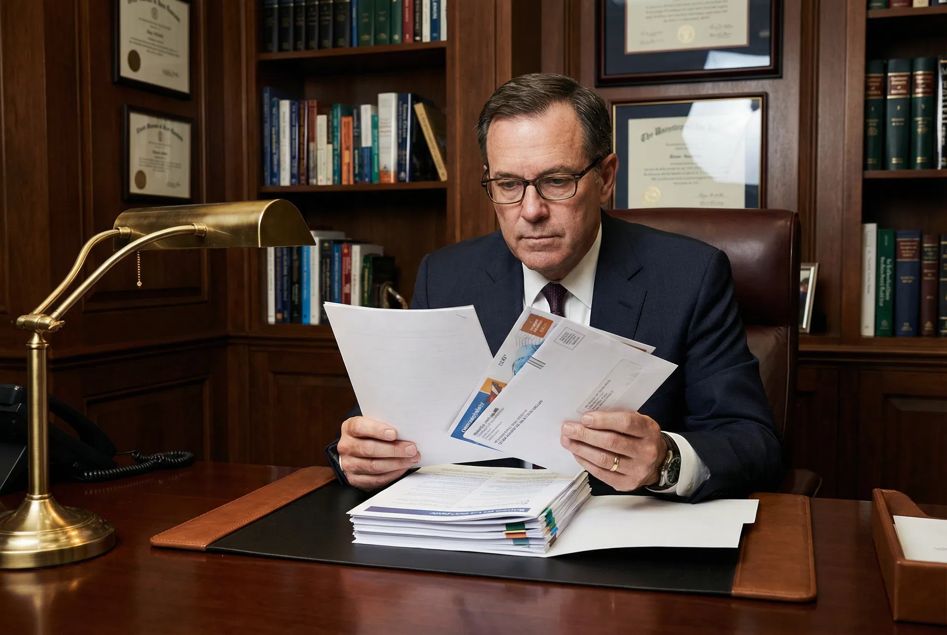 Financial advisor reviewing seminar mailer documents at desk