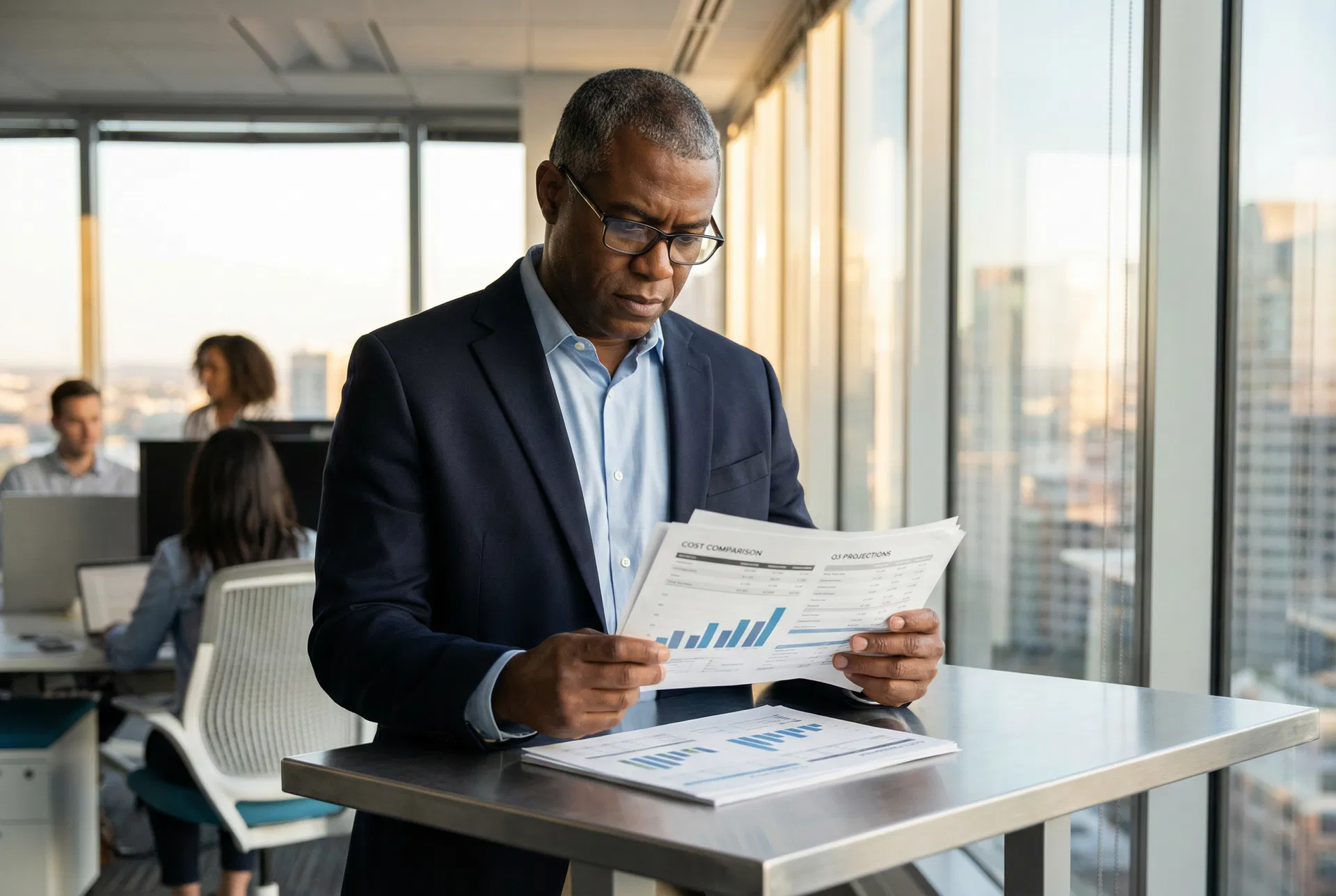 Financial advisor reviewing cost comparison documents at standing desk