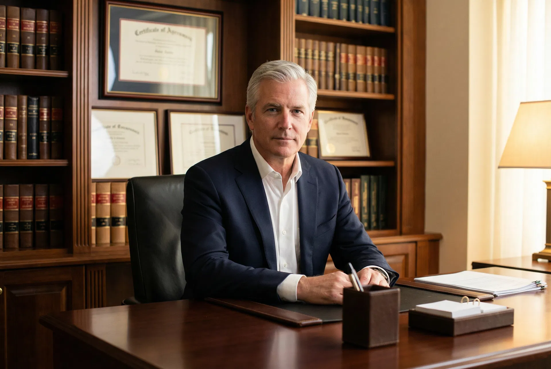 Experienced financial advisor at his executive desk with credentials on the wall