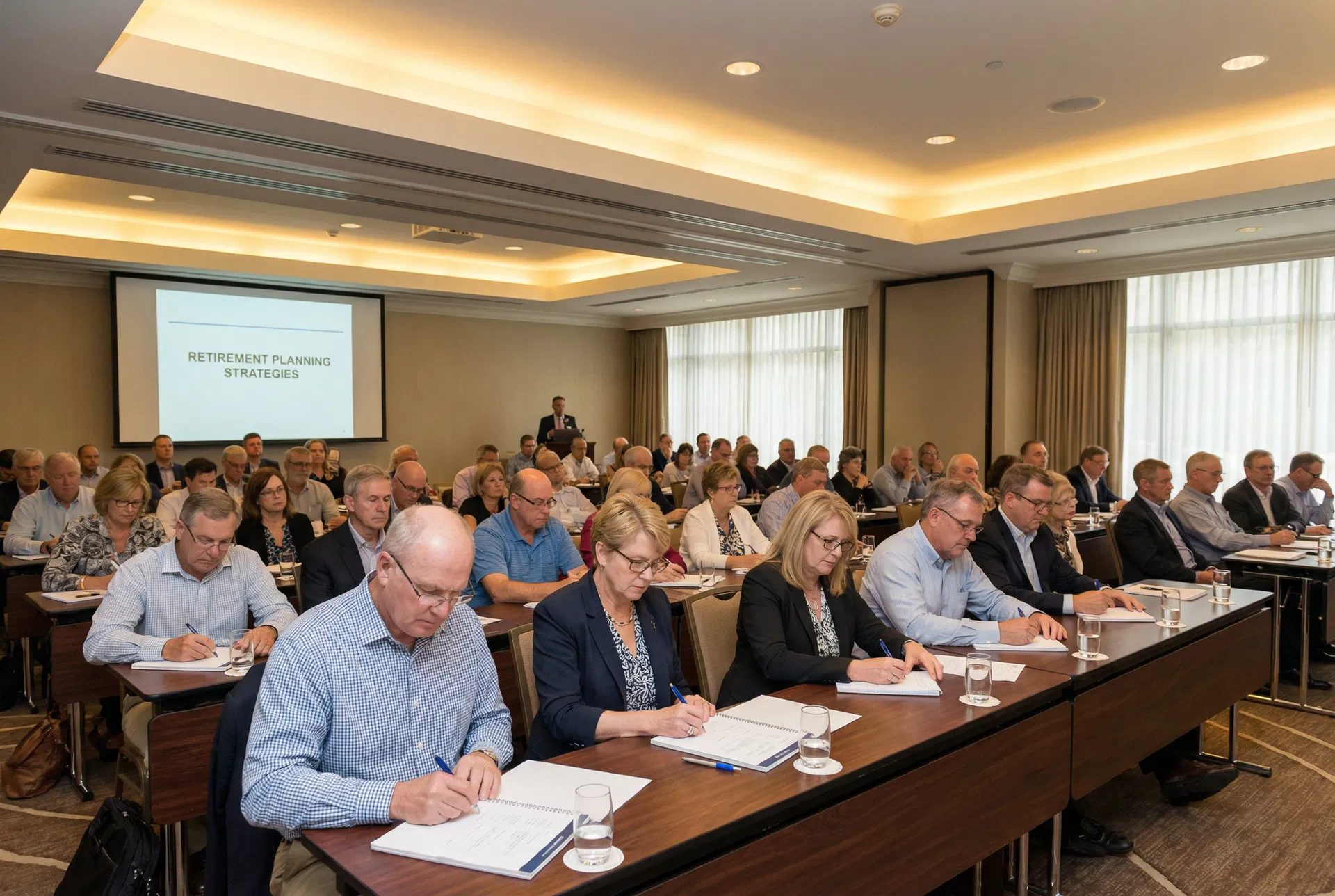 Retirement seminar audience — adults aged 55-70 taking notes