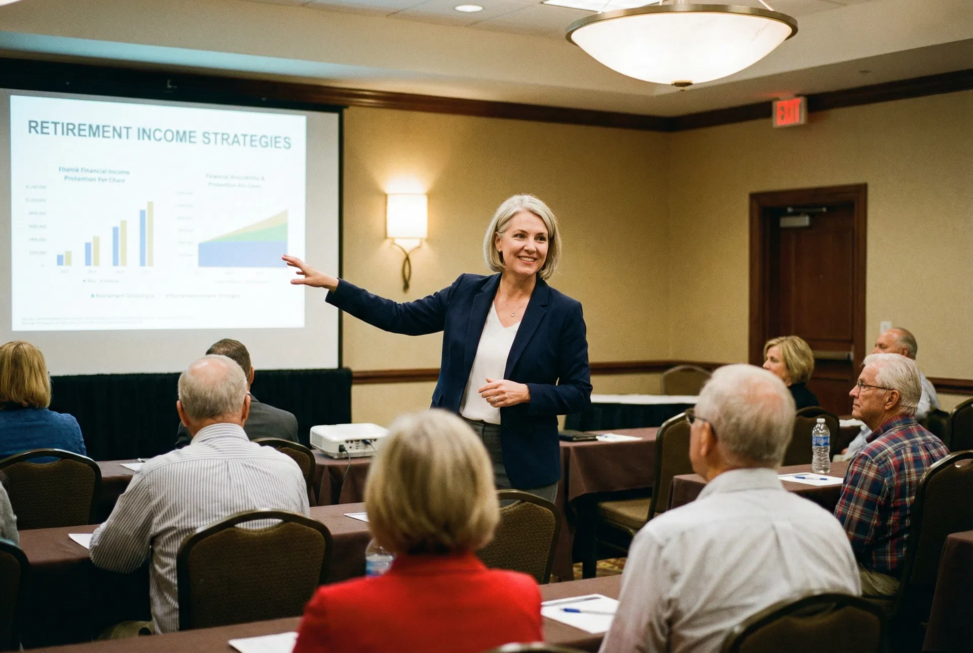 Female financial advisor presenting at retirement seminar