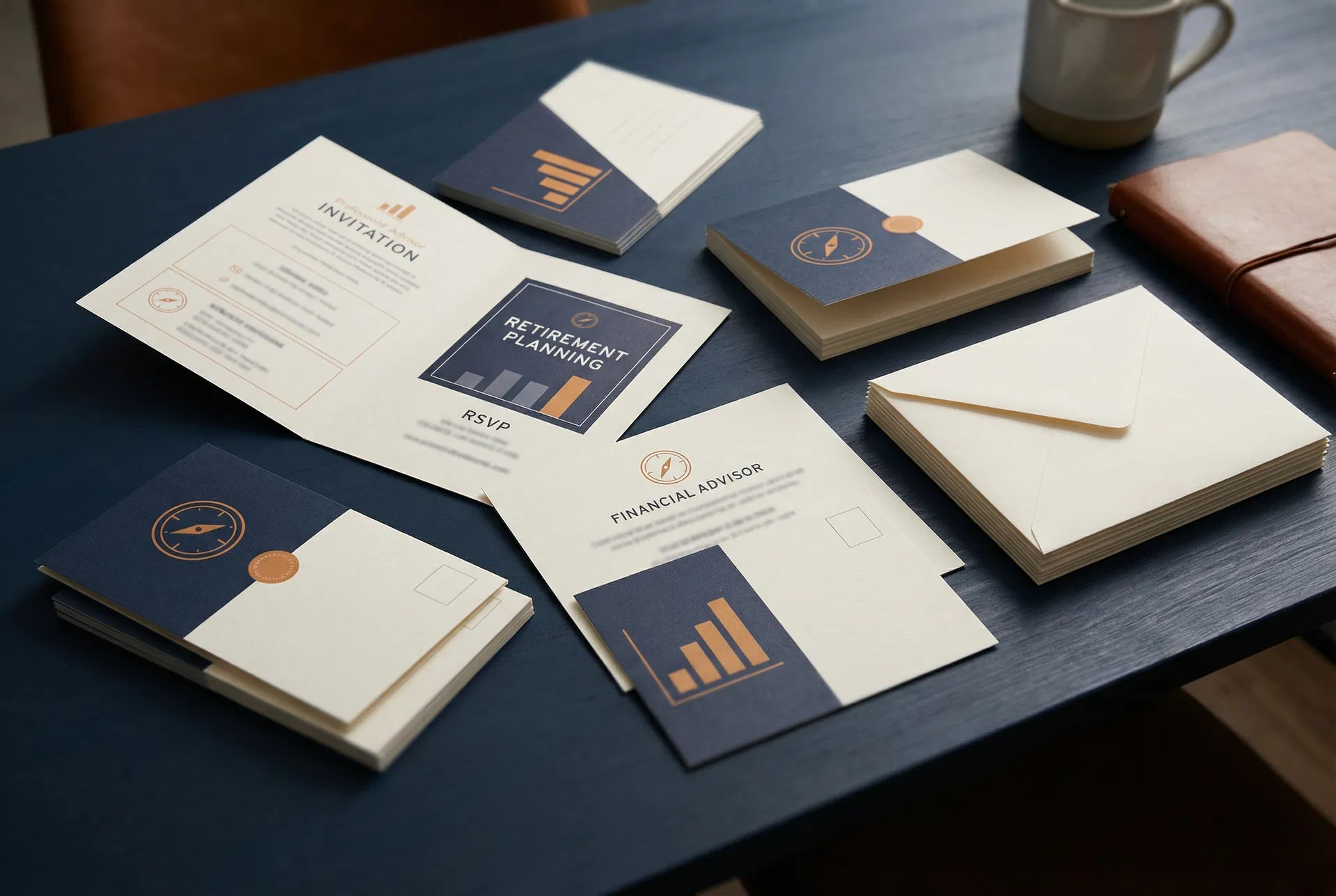 Professional seminar mailer materials on a desk
