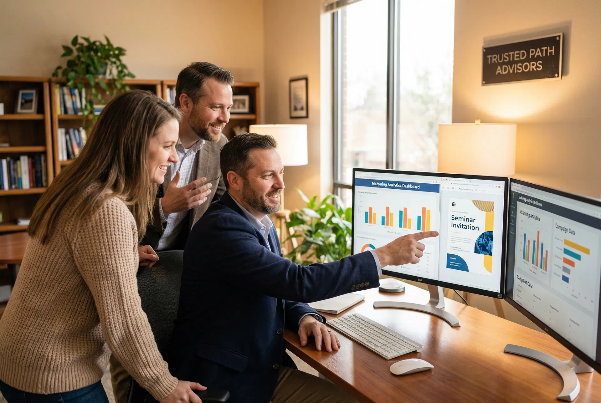 Advisor Launch team reviewing seminar marketing strategy