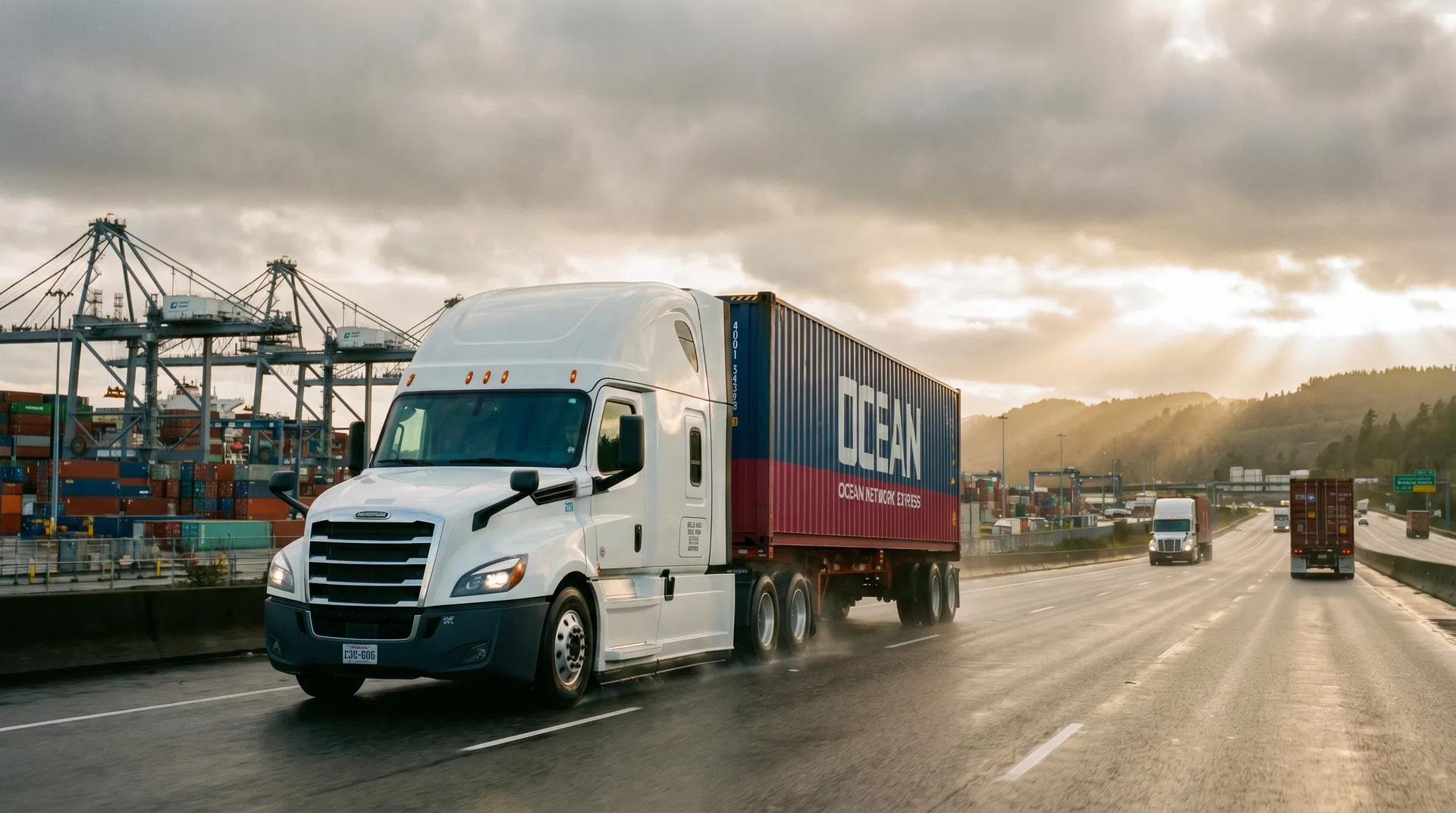 Semi-truck hauling shipping container from port terminal on highway