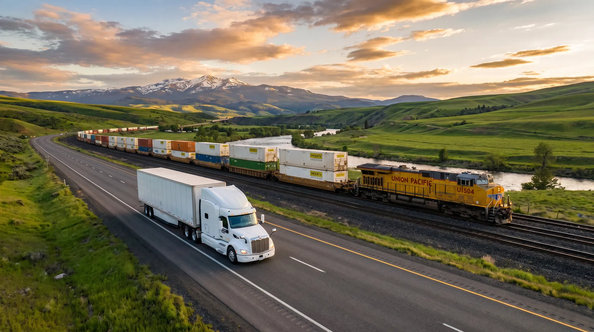 OTR semi-truck and Union Pacific freight train running parallel through Pacific Northwest landscape