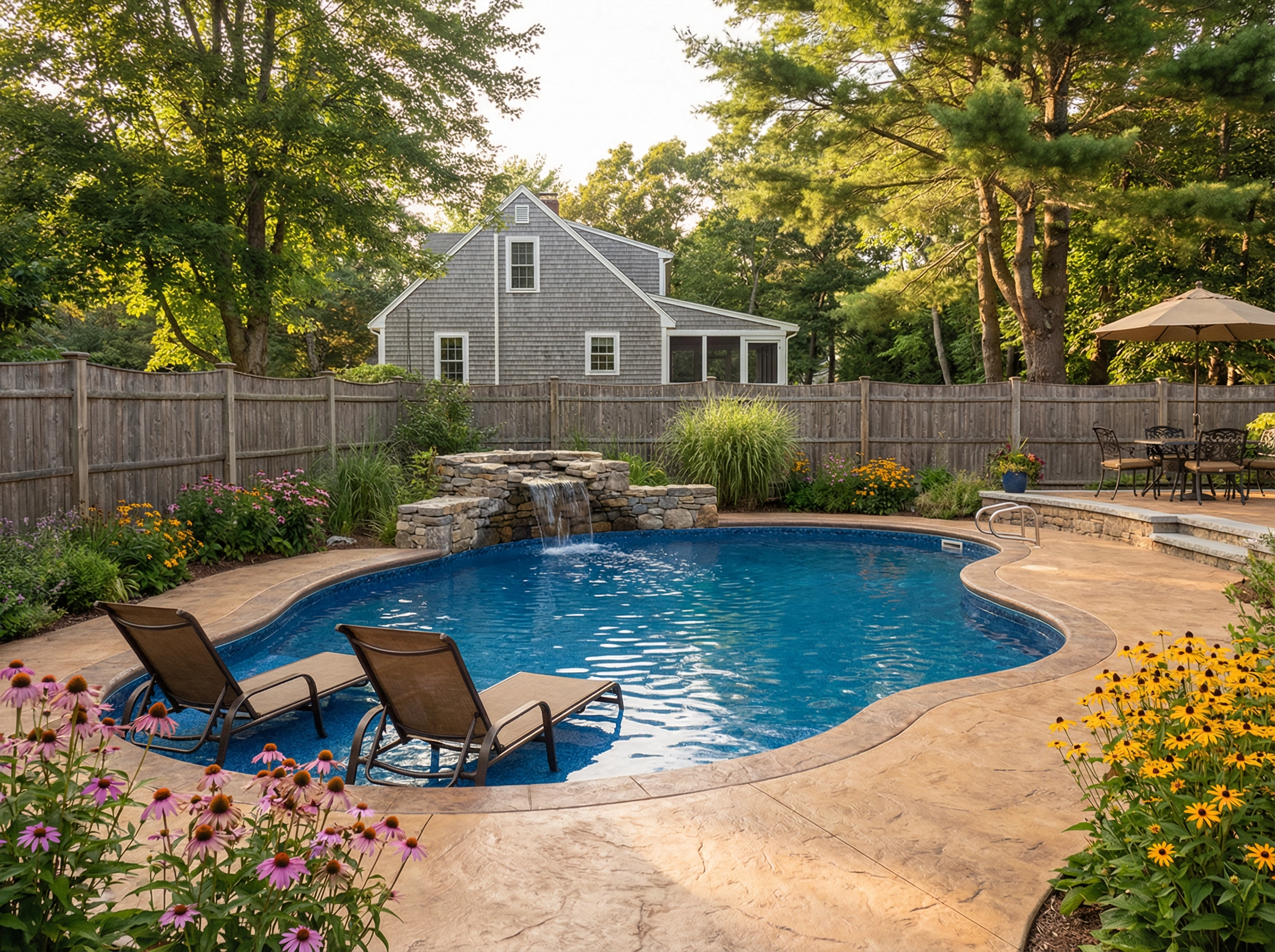 Vinyl liner pool with crystal clear water in a New England backyard